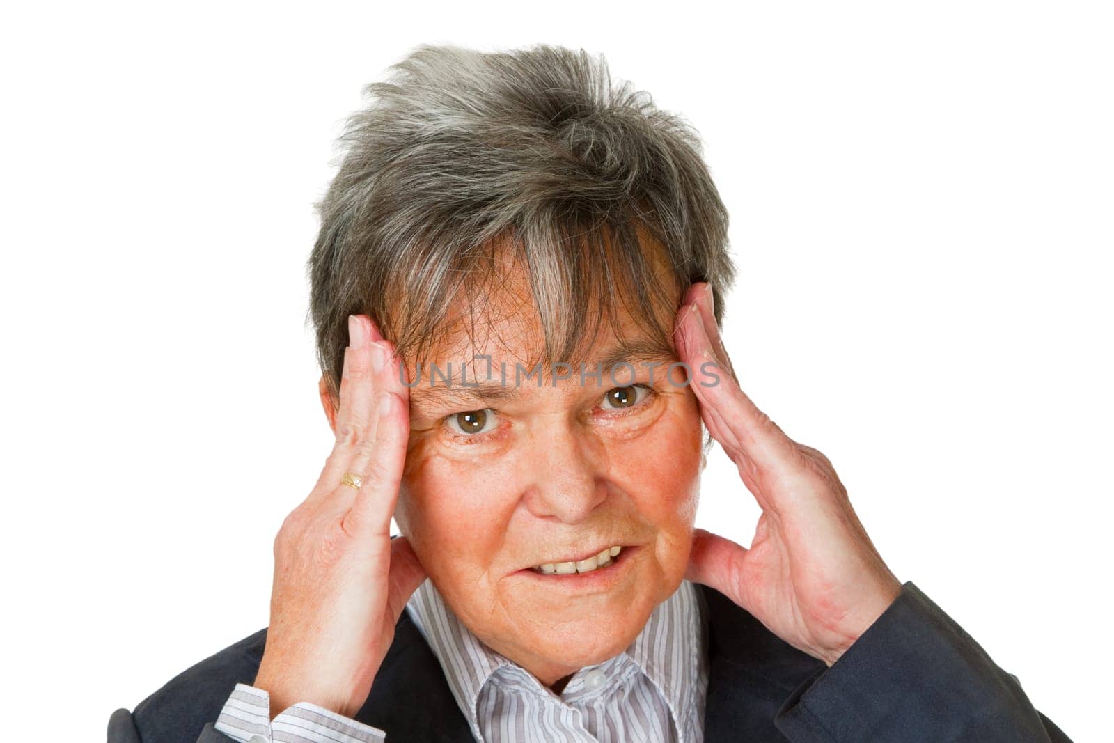 Senior woman outdoors on white background