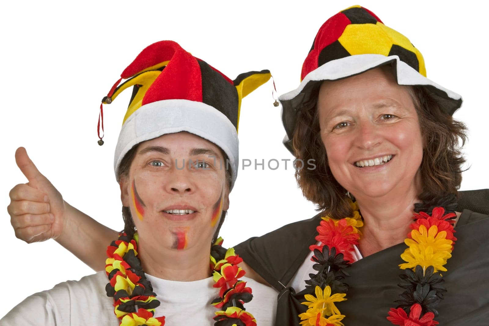 Female football fans on light background