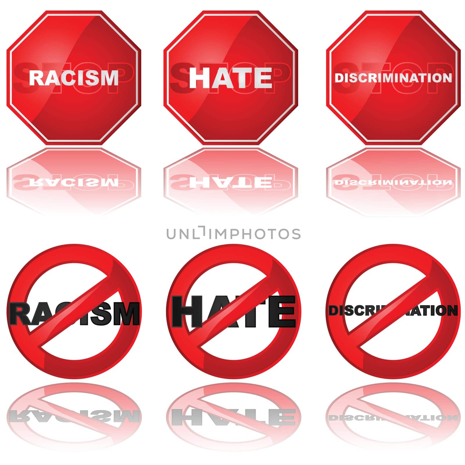 Set of icons showing a stop sign and a forbidden sign combined with the words &#039 racism,&#039  &#039 hate,&#039  and &#039 discrimination&#039