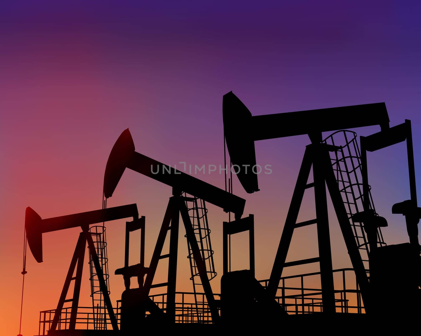 Illustration of three oil wells in the desert at dusk