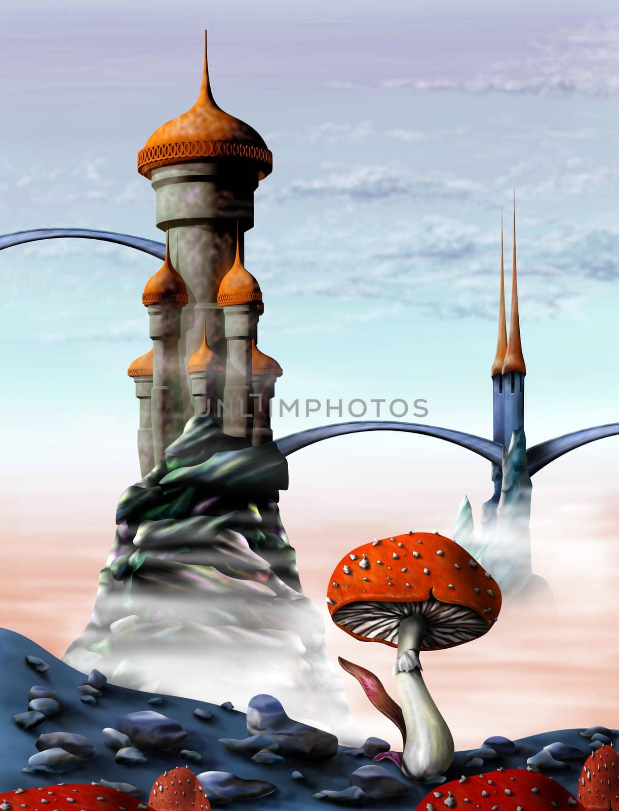 Illustration of a fantasy castle in an alien world