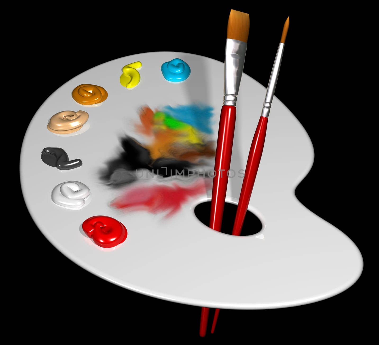 Illustration of an artist palette and brushes isolated on black