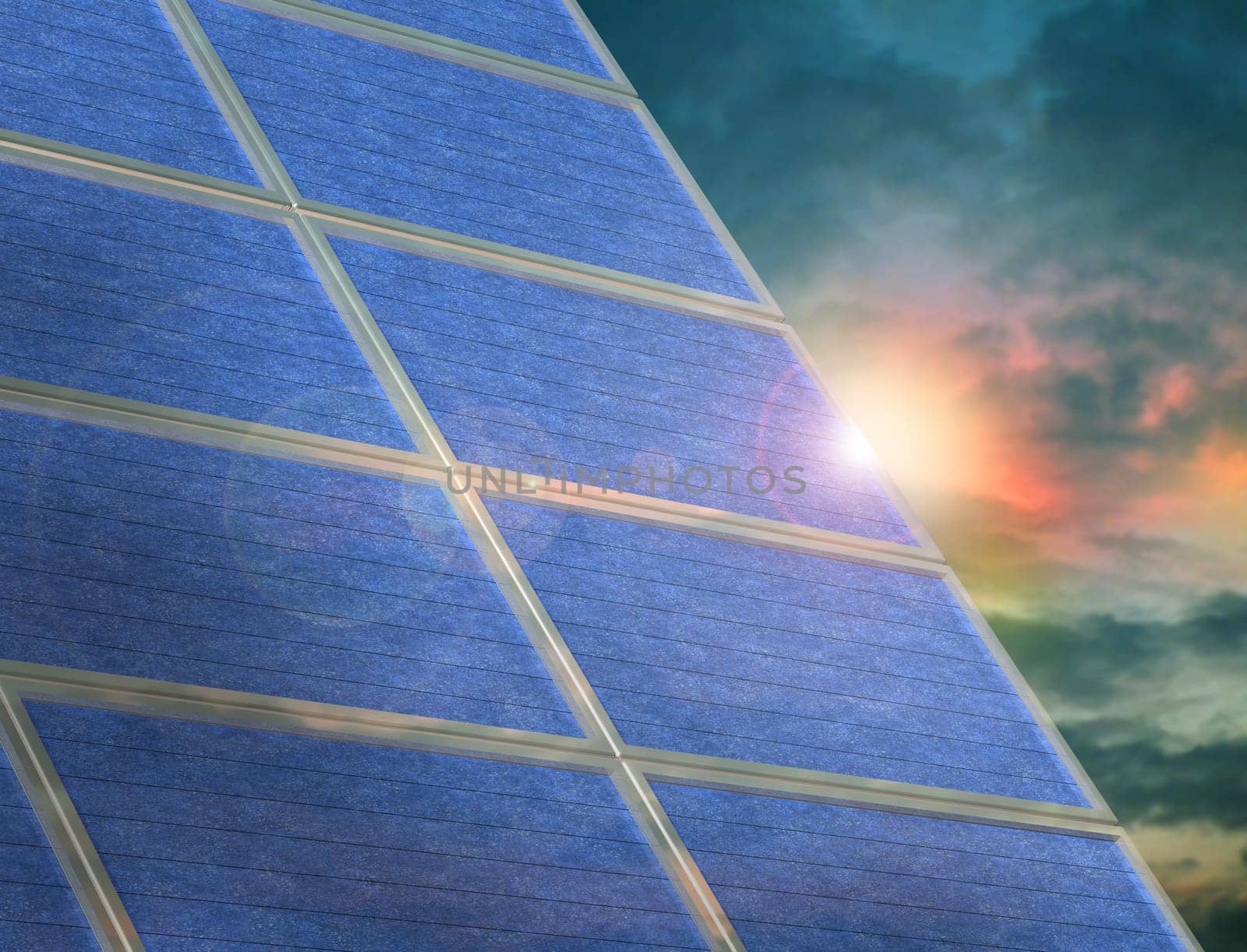 Illustration of a solar panel array at sunset