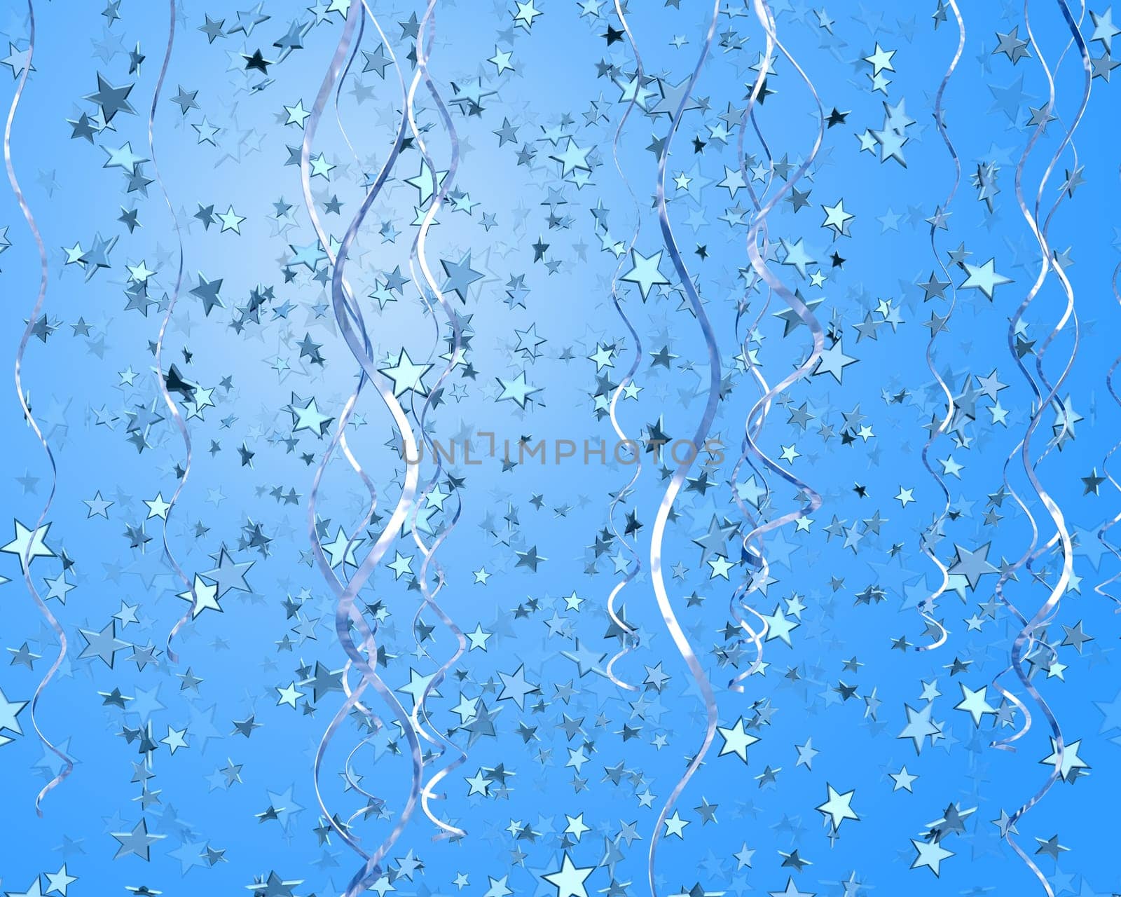 Background full of stars, confetti and streamers in shades of blue