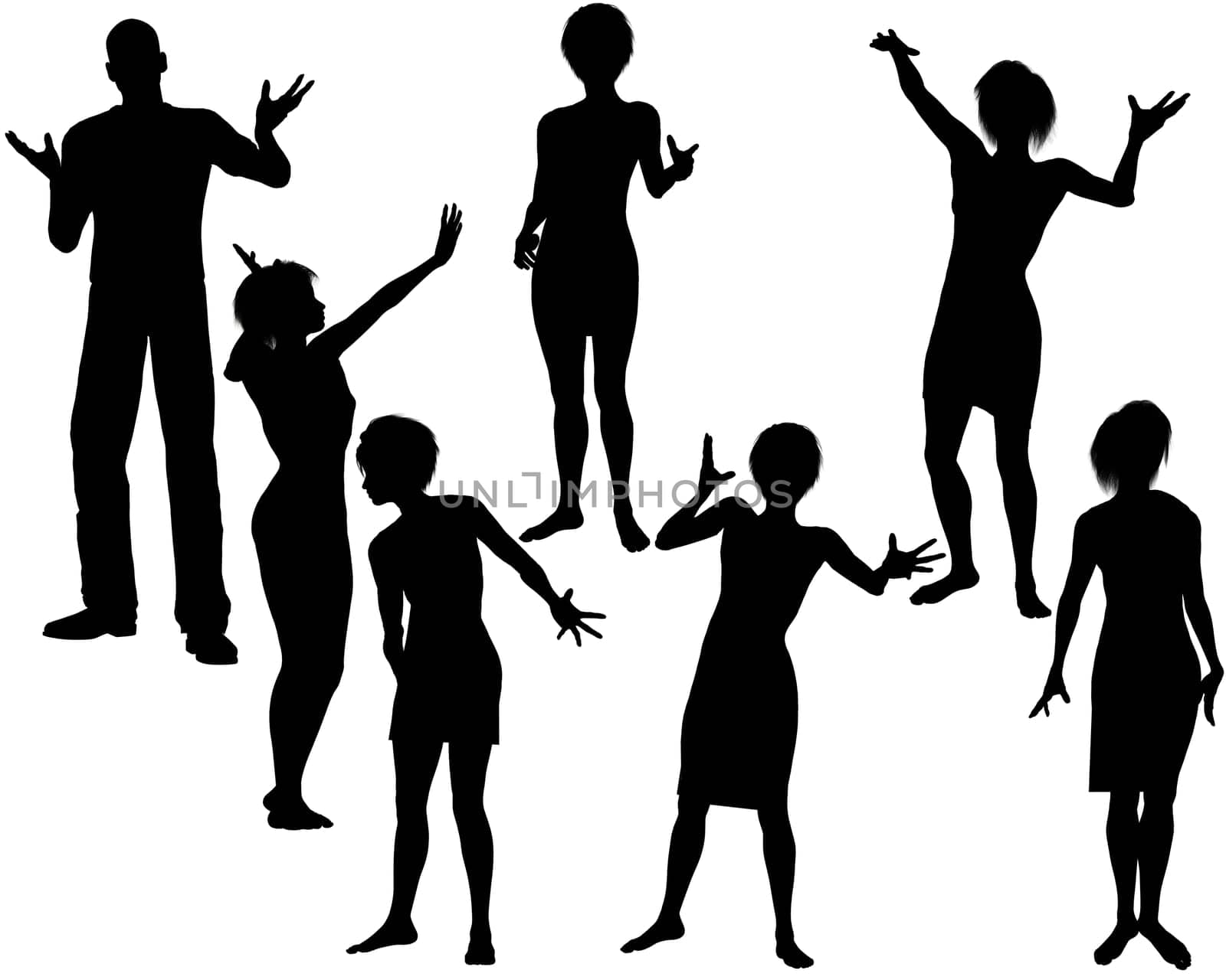 Collection of seven silhouettes of people enjoying a party