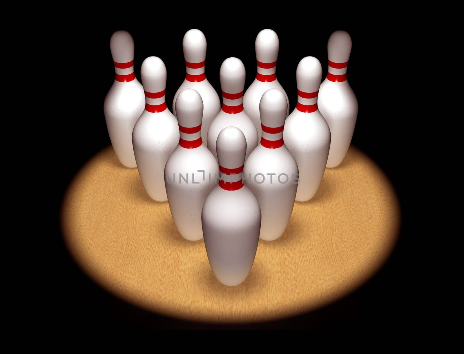 Illustration of ten bowling pins standing to attention in the spotlight