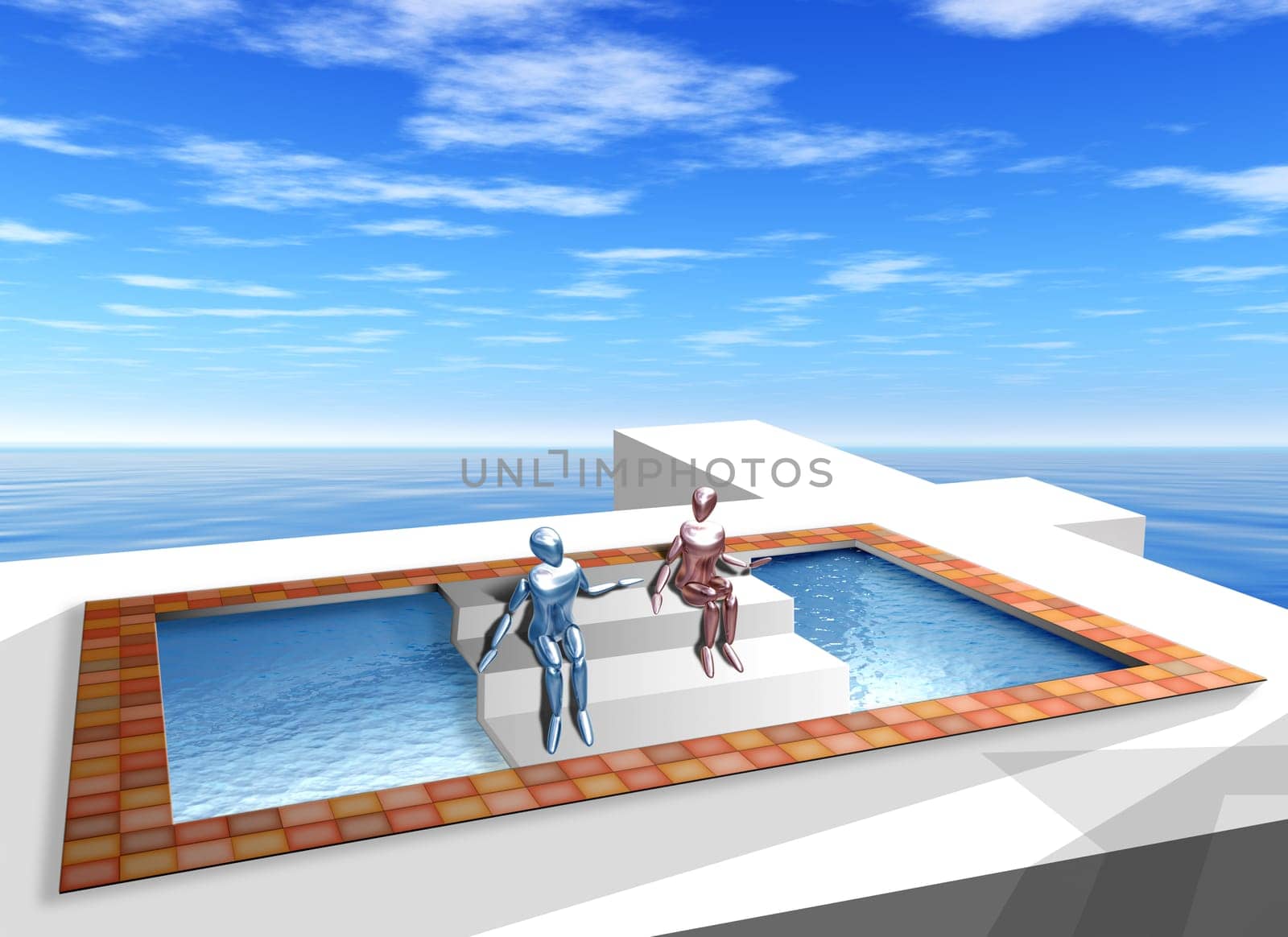 Original illustration of impossible geometric shapes in the form of steps over a pool