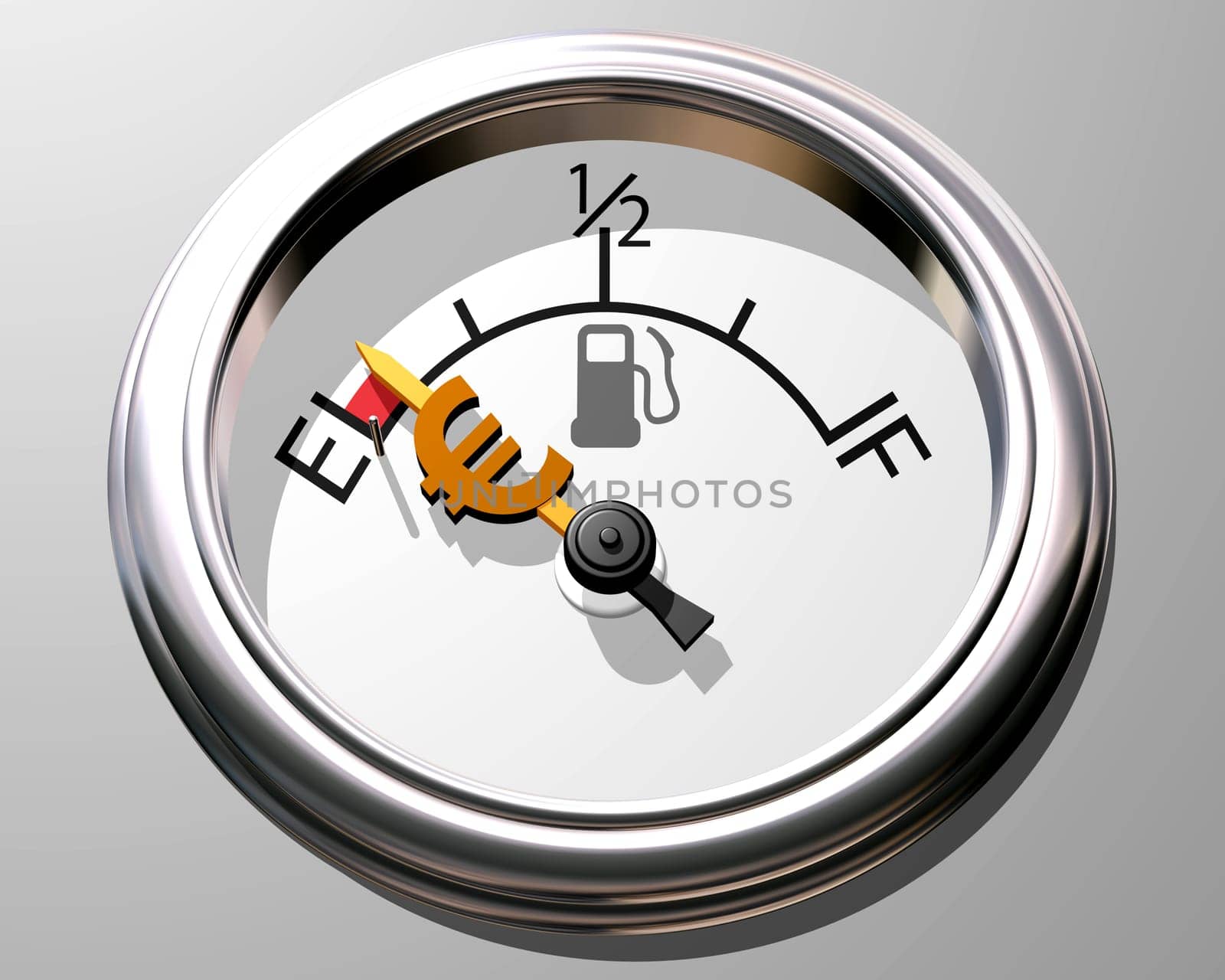 Illustration of fuel gauge showing low on fuel and low on cash