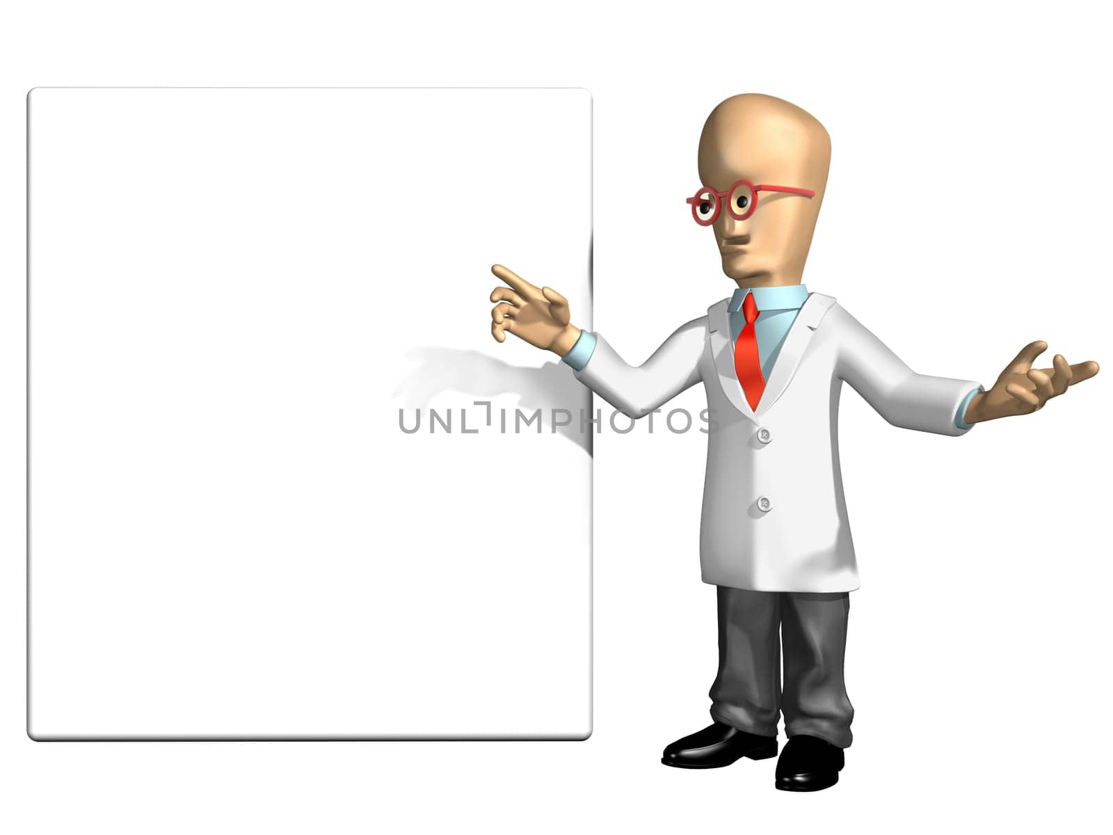 Cartoon professor pointing to a blank sign with room for your text