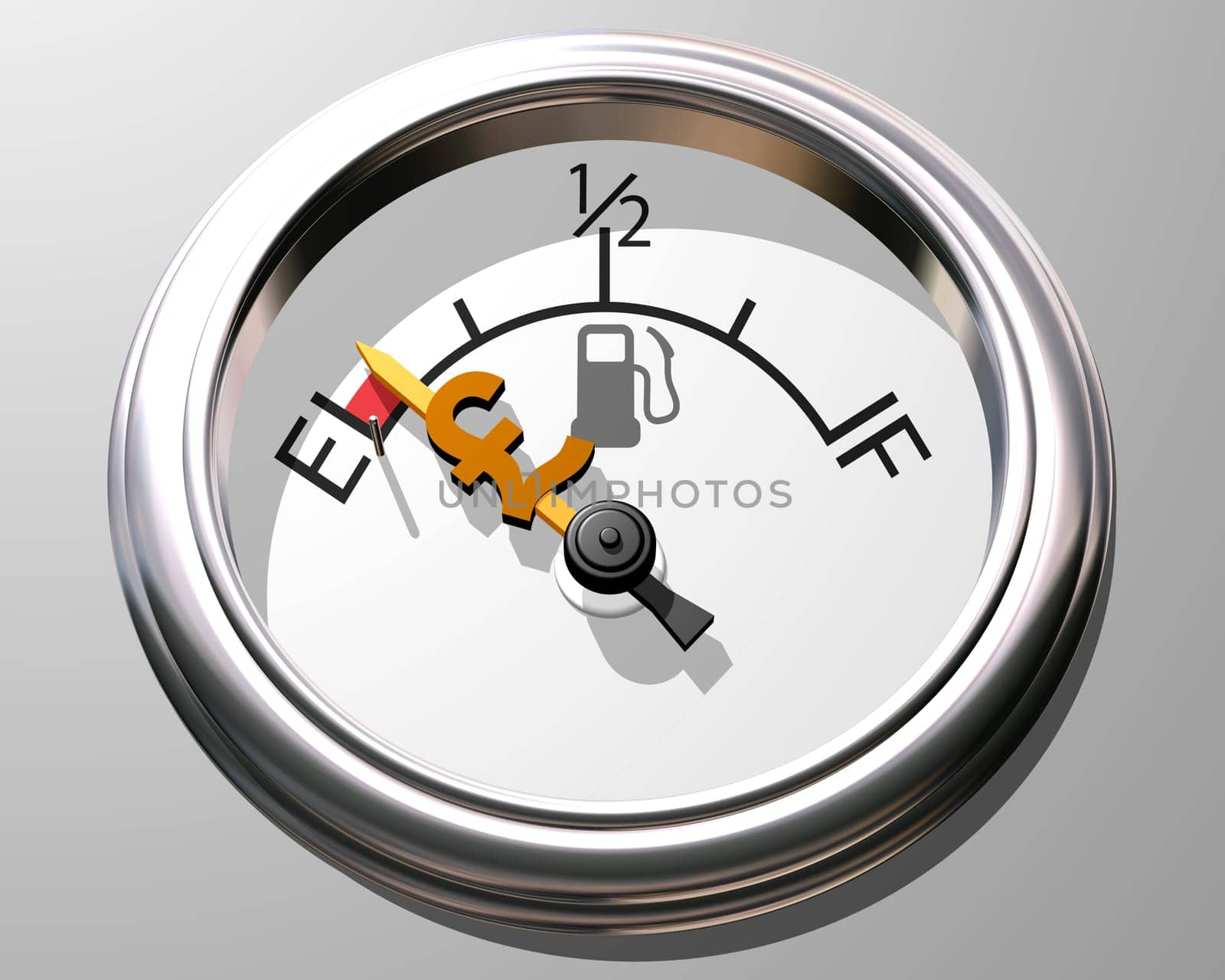 Illustration of fuel gauge showing low on fuel and low on cash