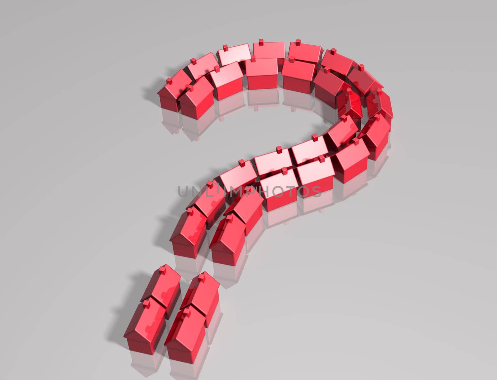 Housing market illustrated by small houses in the form of a question mark