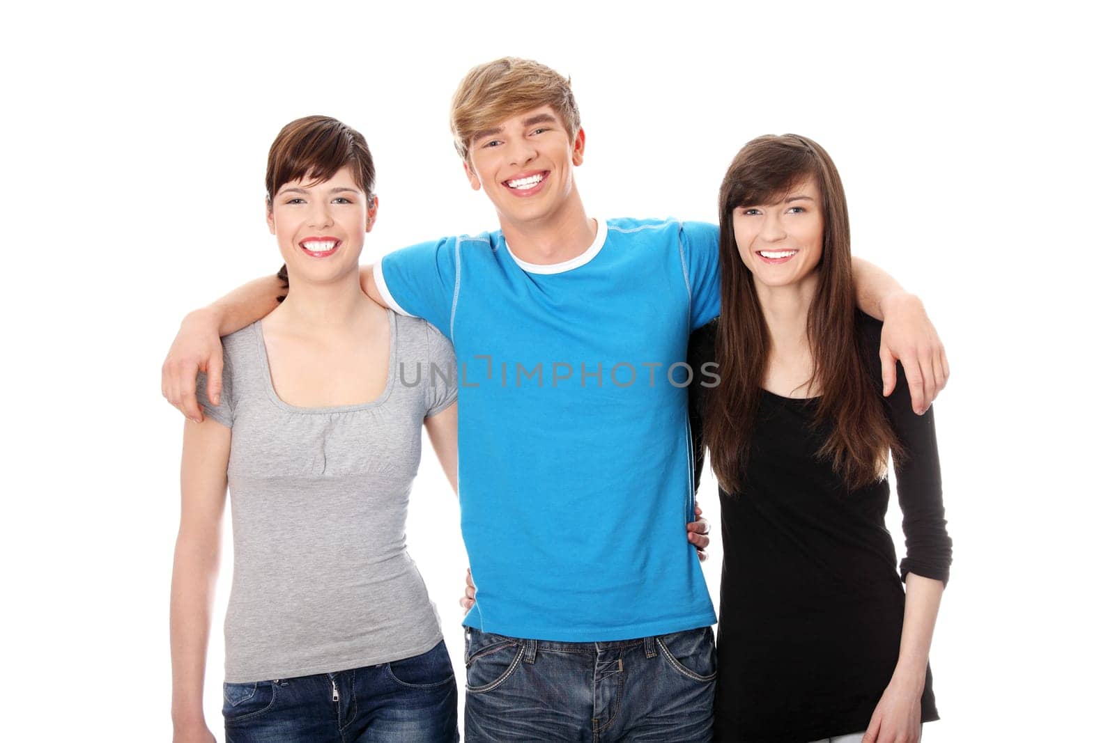 Young happy friends.  Isolated on white background.