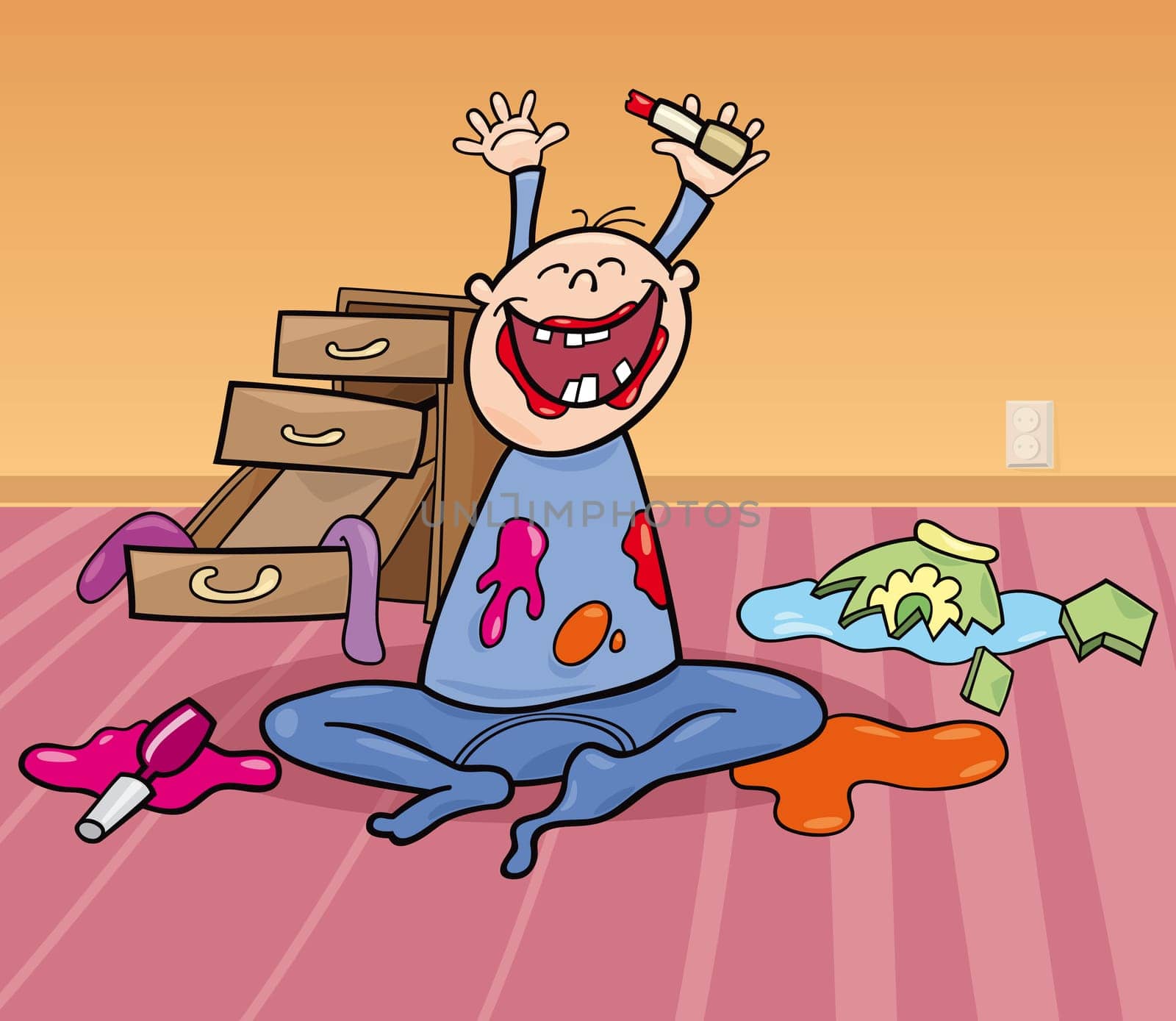 illustration of baby boy and terrible mess