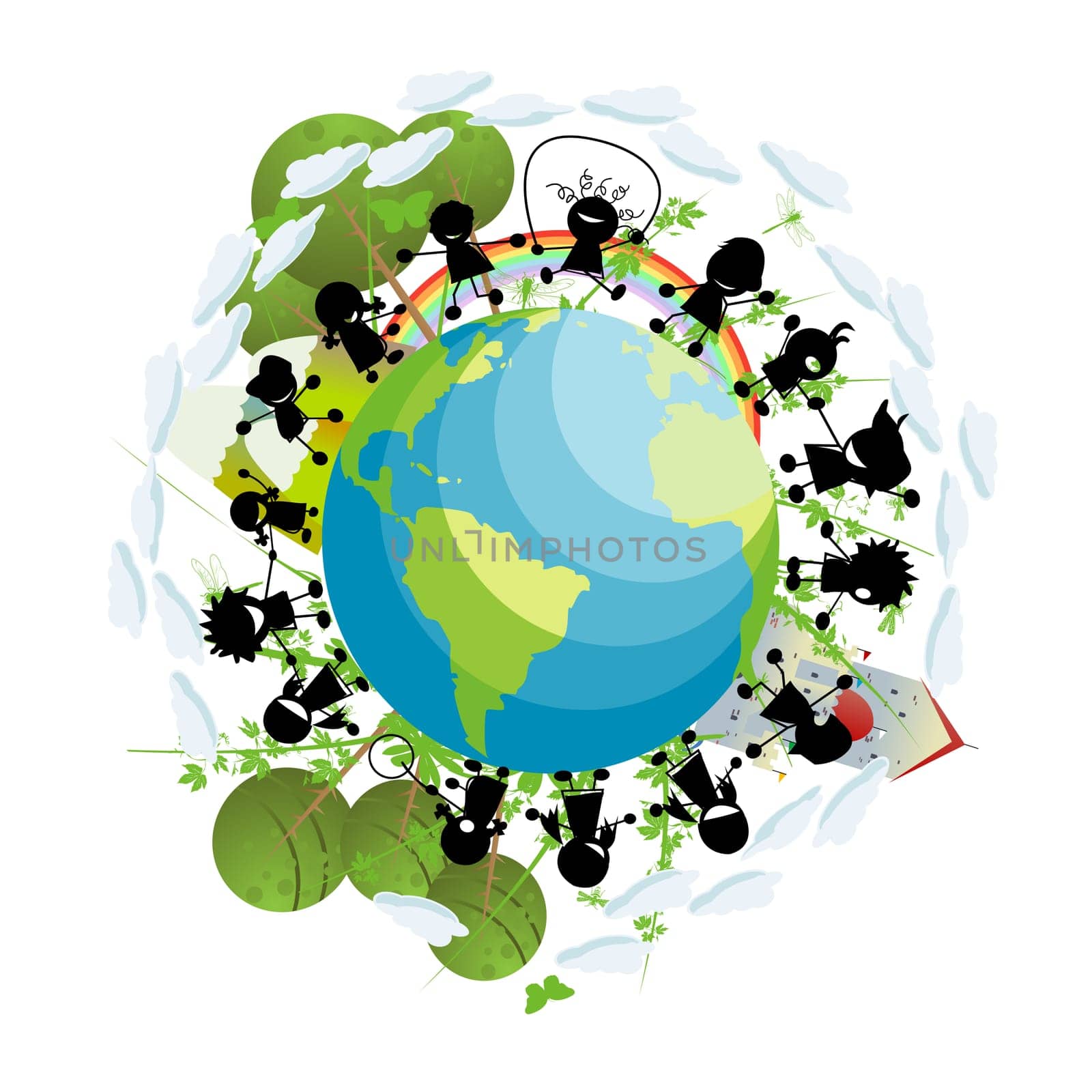 Conceptual scenery with green planet happy children silhouettes
