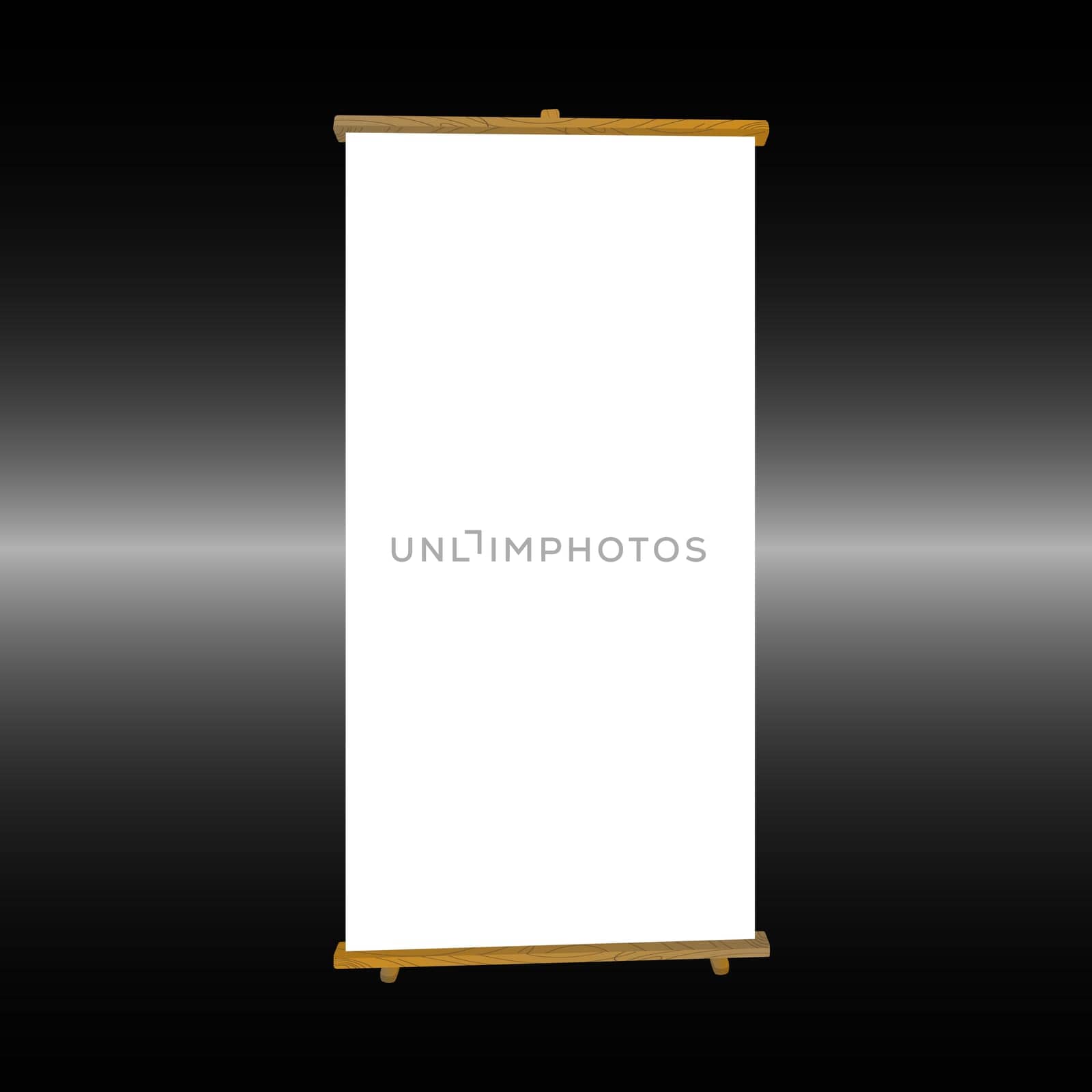 Empty editable roll up banner with a wooden frame.