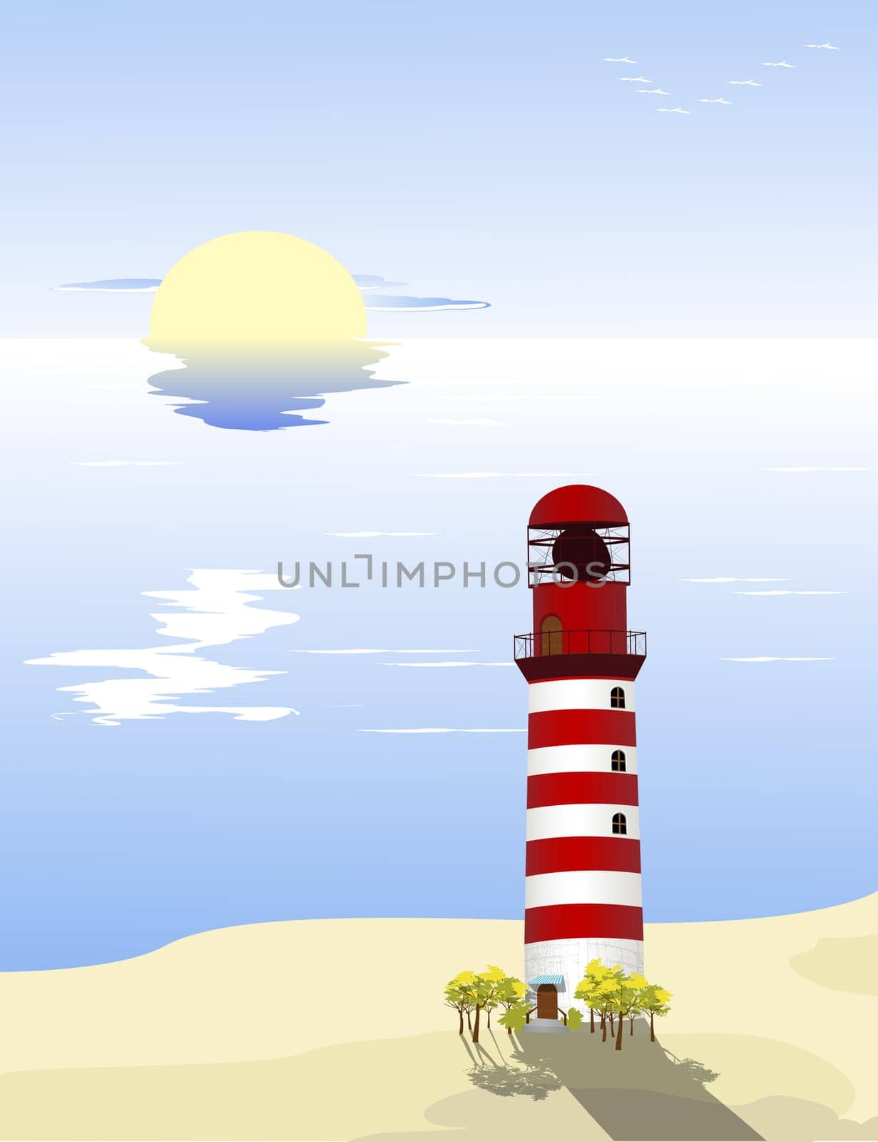 Summer landscape on a beach with red light house