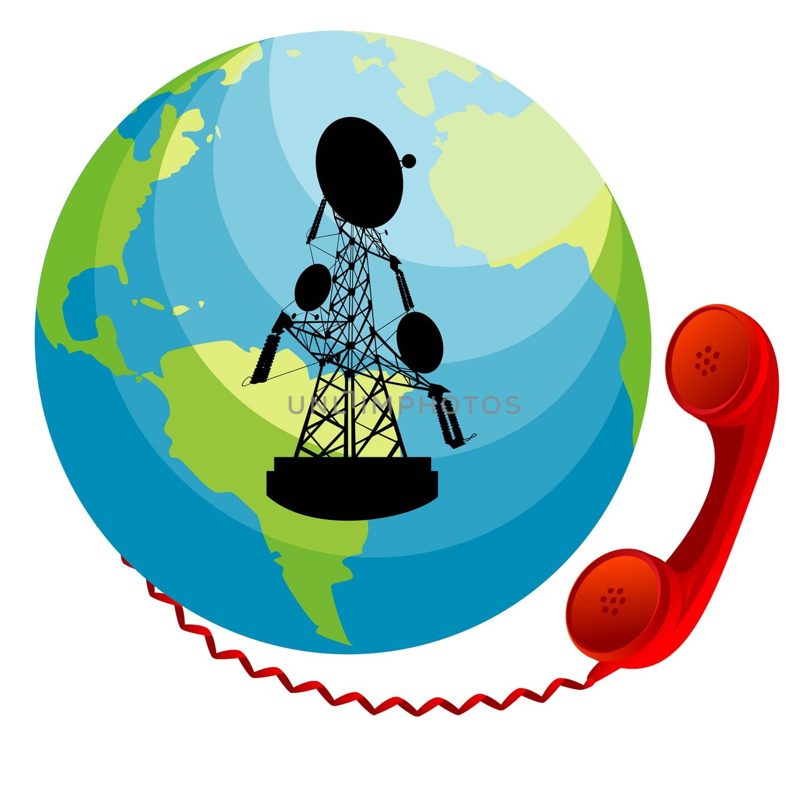 Red phone receiver connected to Earth. Conceptual communication icon