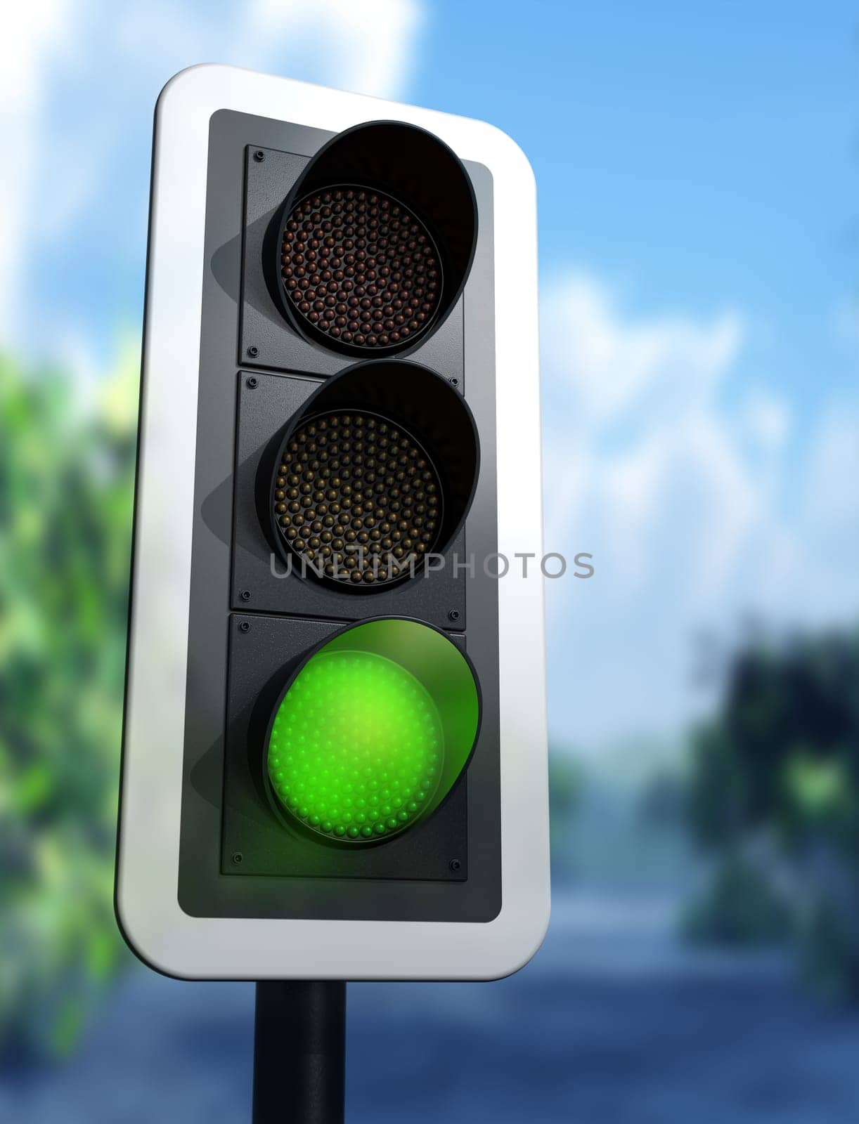 Illustration of a green traffic light on a country road