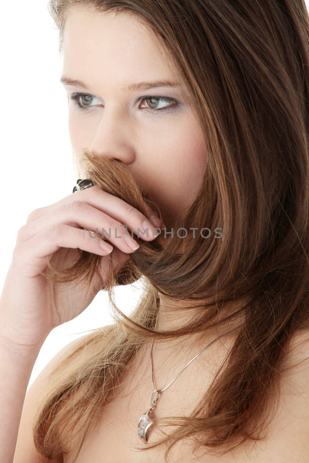 Young elegant woman in black dress, isolated on white