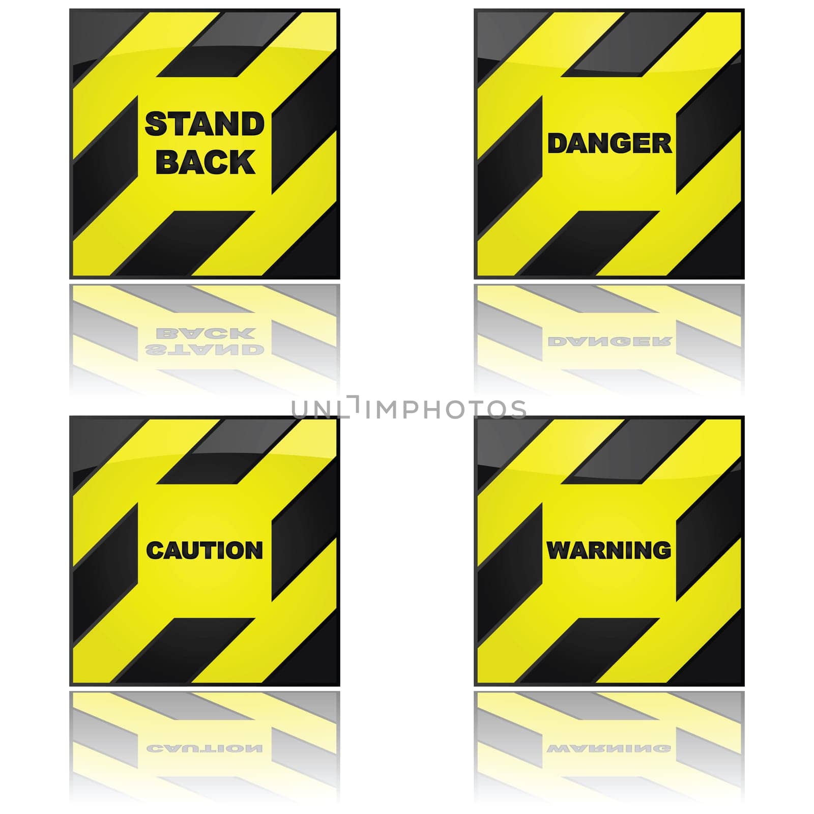 Set of glossy illustration showing four different warning signs, reflected on a white surface