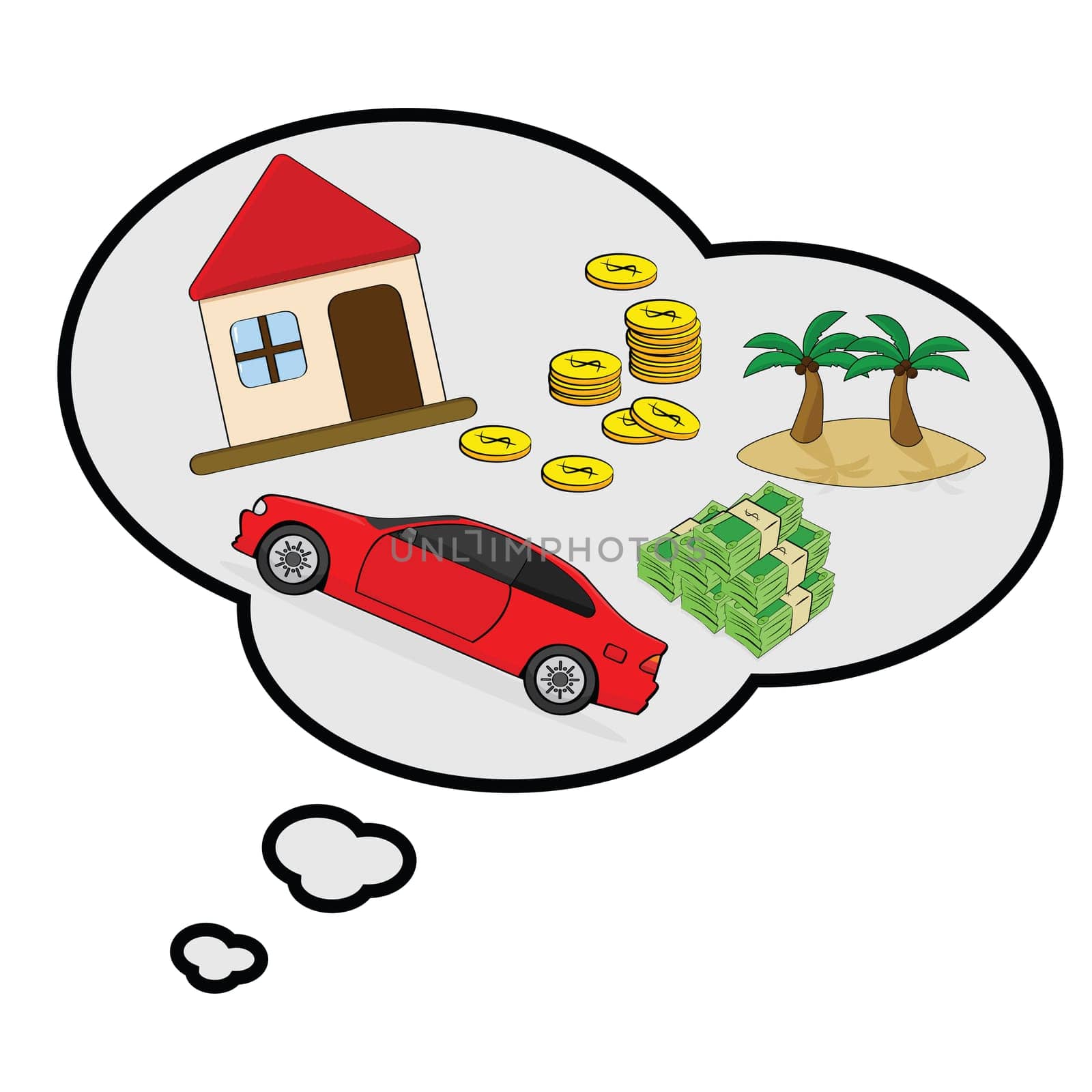 Cartoon illustration showing a thought bubble with things a person is wishing for: house, car, money and a tropical island