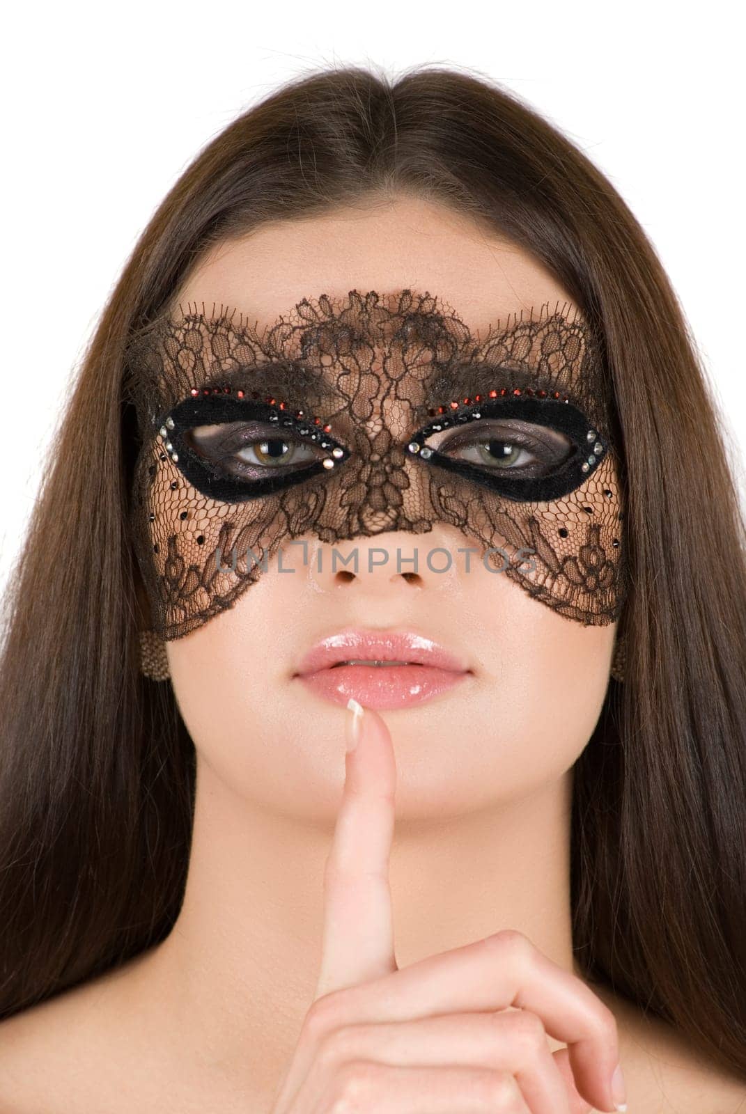 girl at mask closeup on a white background