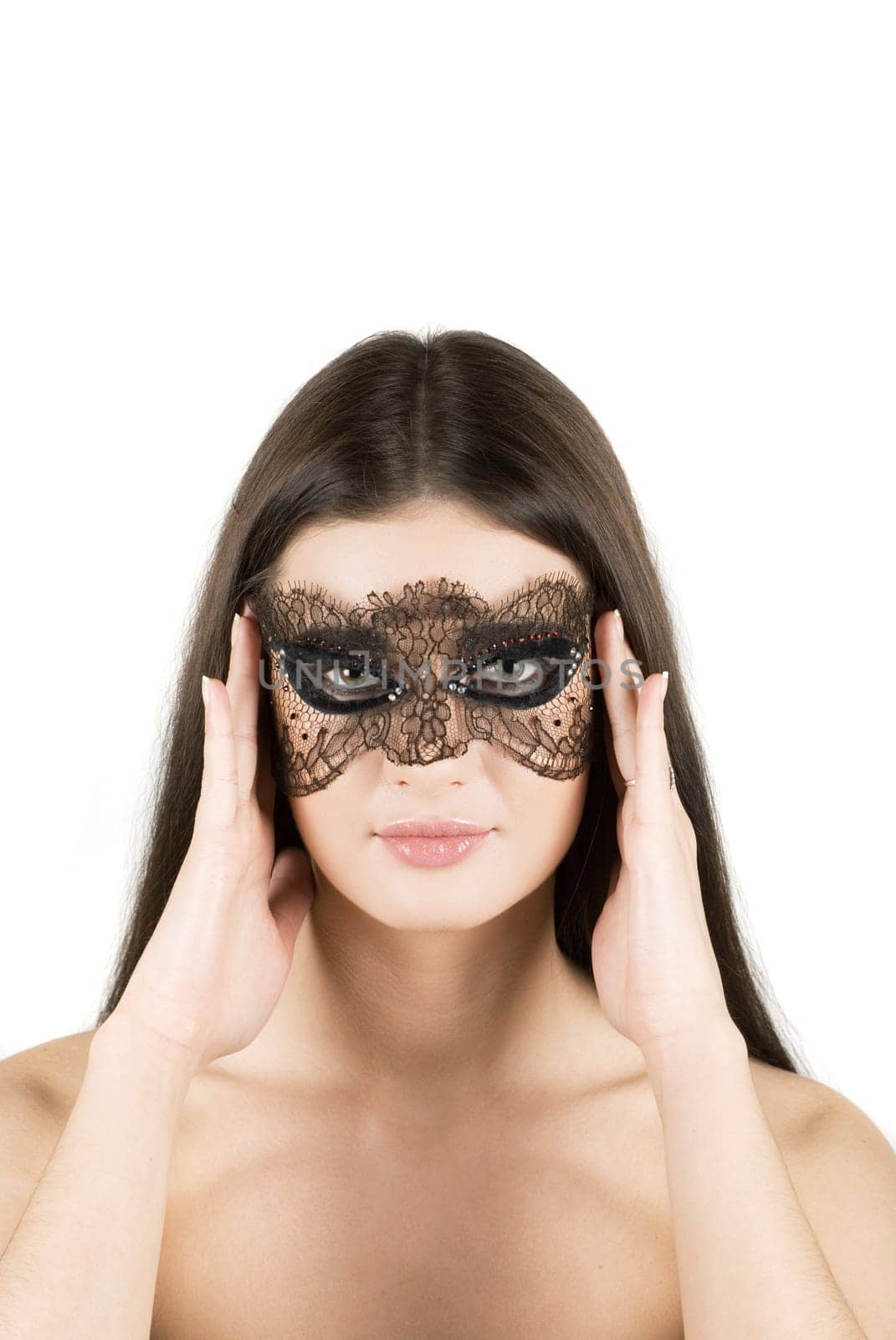 girl at mask closeup on a white background