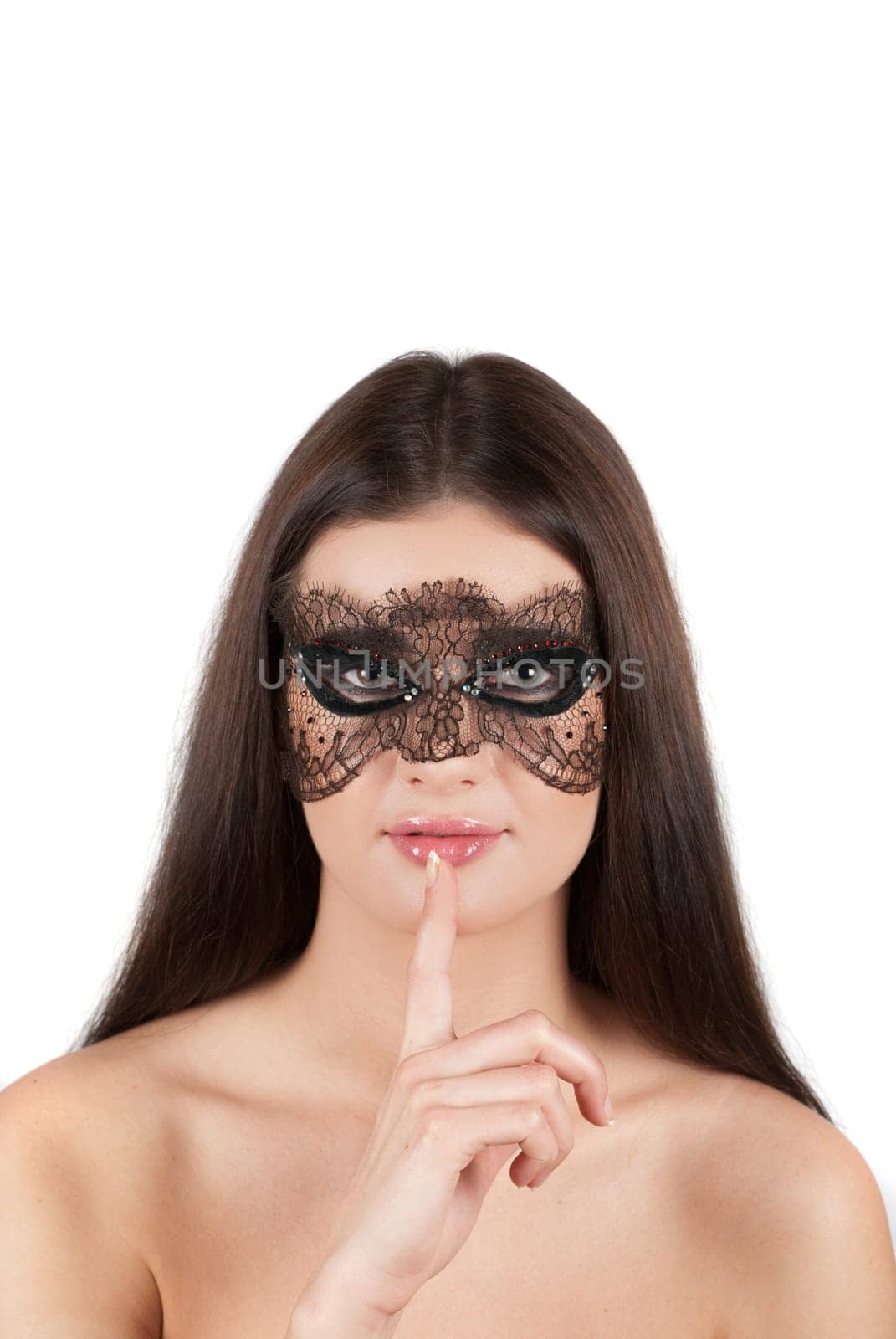 girl at mask closeup on a white background