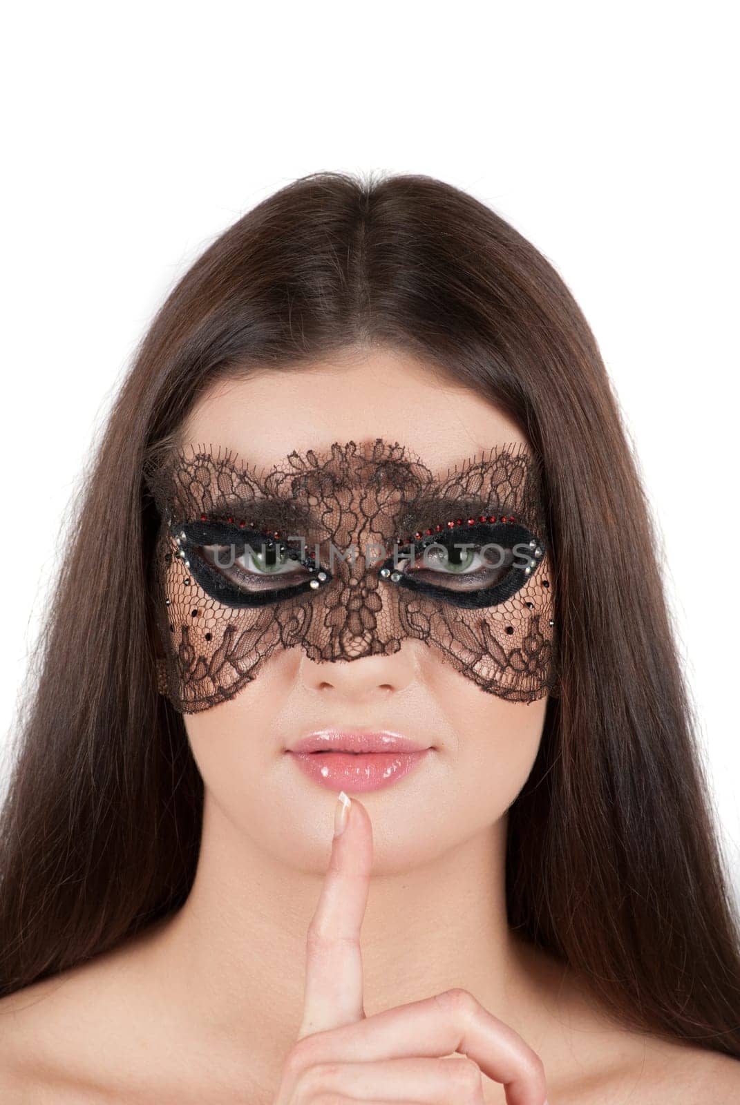 girl at mask closeup on a white background