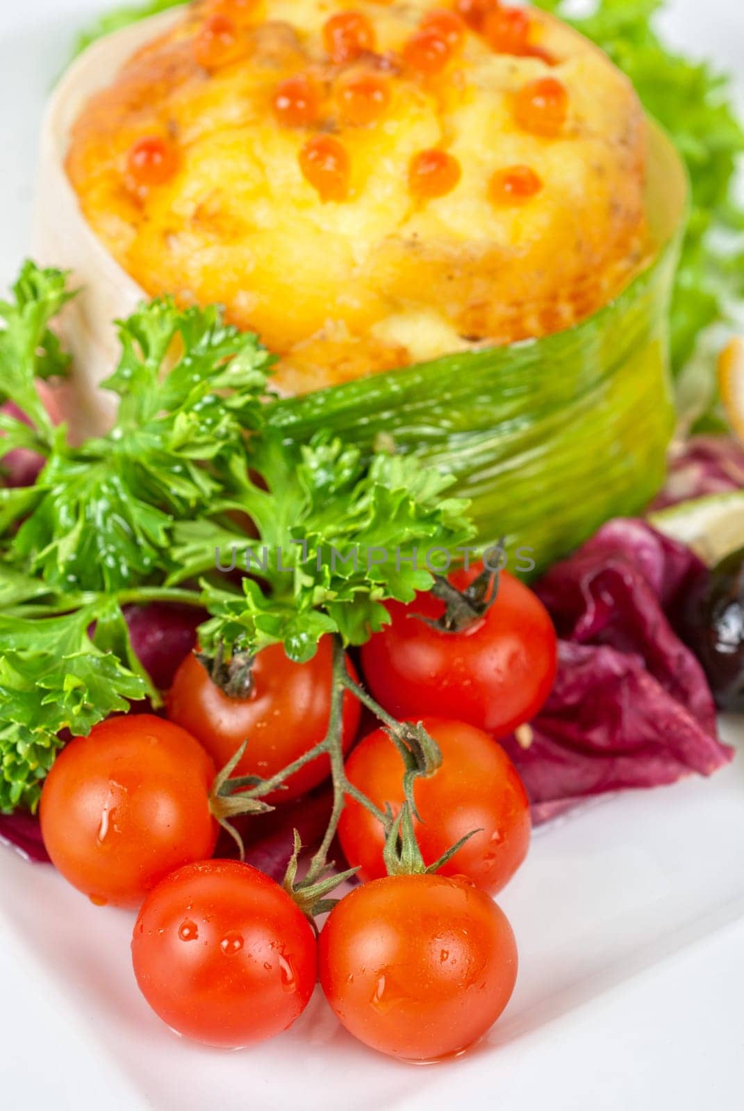 Tasty dish of salmon with omelette and philadelphia cheese