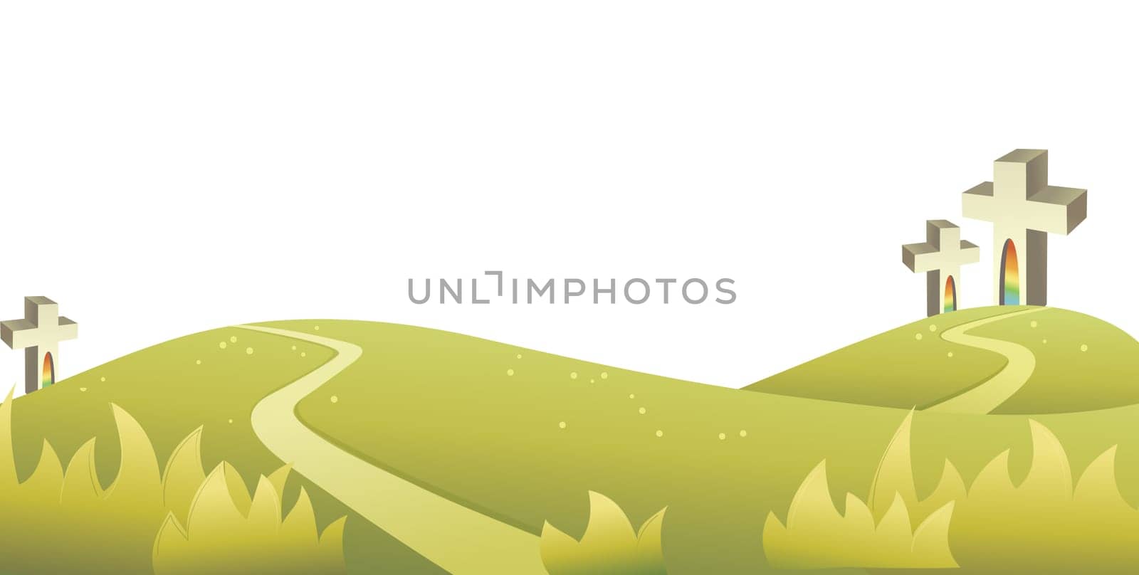 An illustration featuring  single cross sitting a top a hill