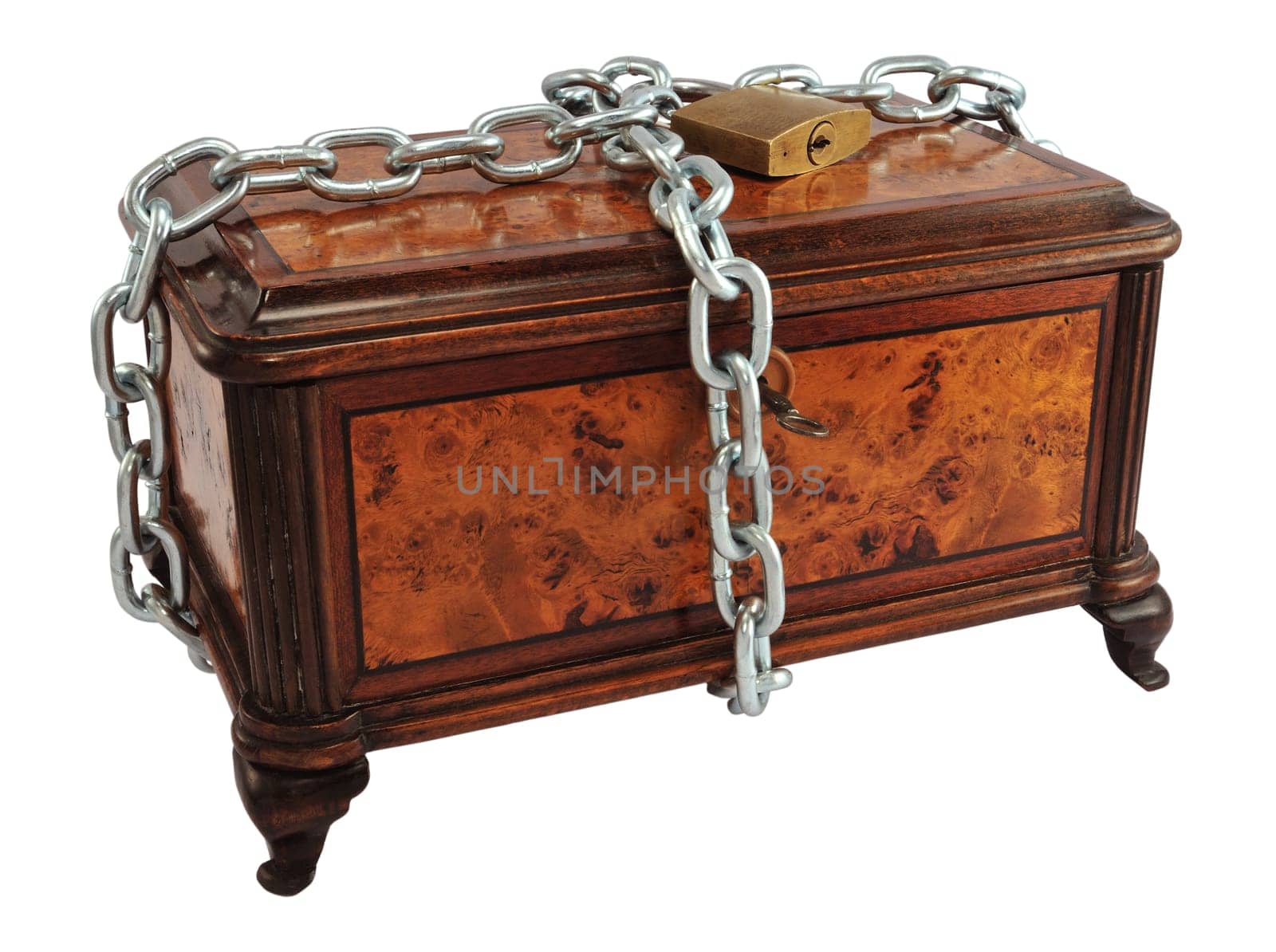 Old wooden treasure chest (or jewelry box) protected by metal chain, isolated on white.