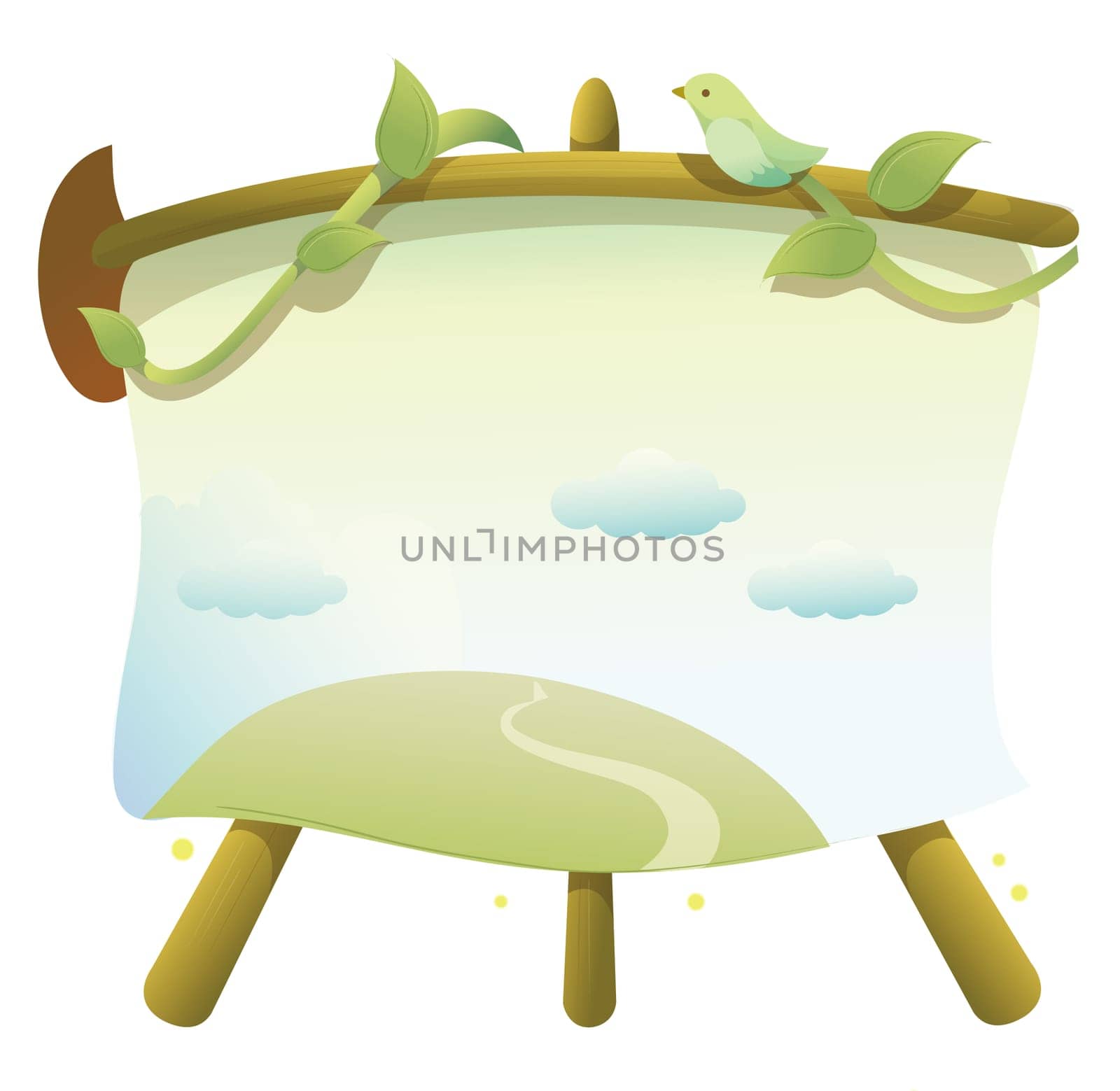 a beautiful painting on a easel ,a bird and vines on the easel