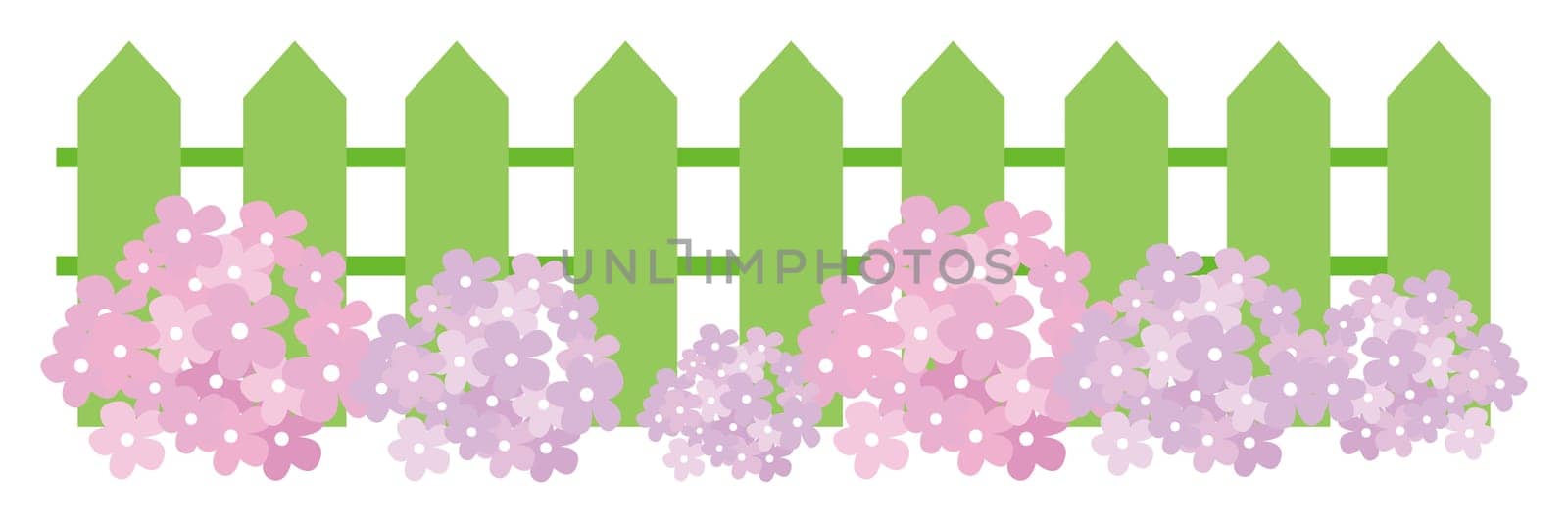 illustration drawing of purple flower and green fence in a white background