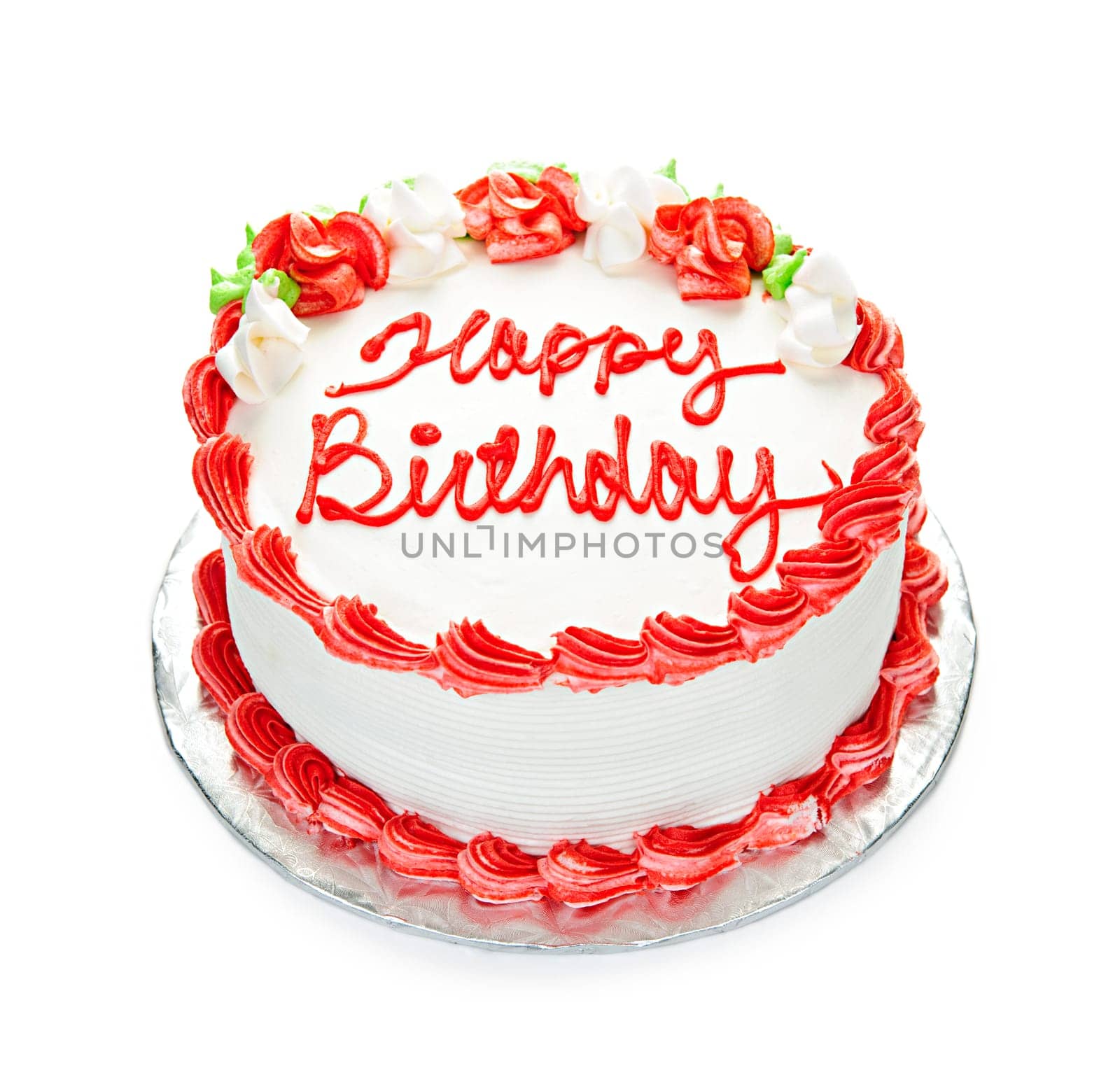 Birthday cake with white and red icing isolated on white