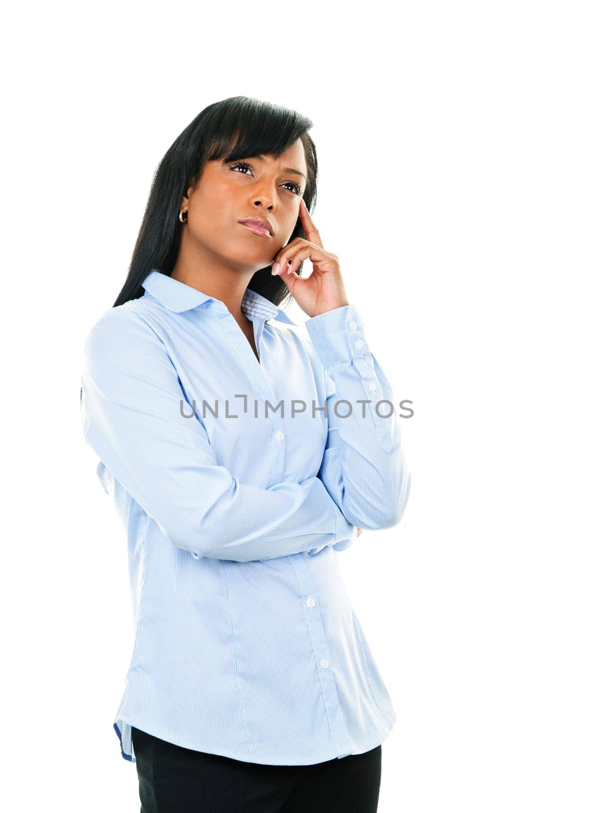 Serious black woman thinking isolated on white background