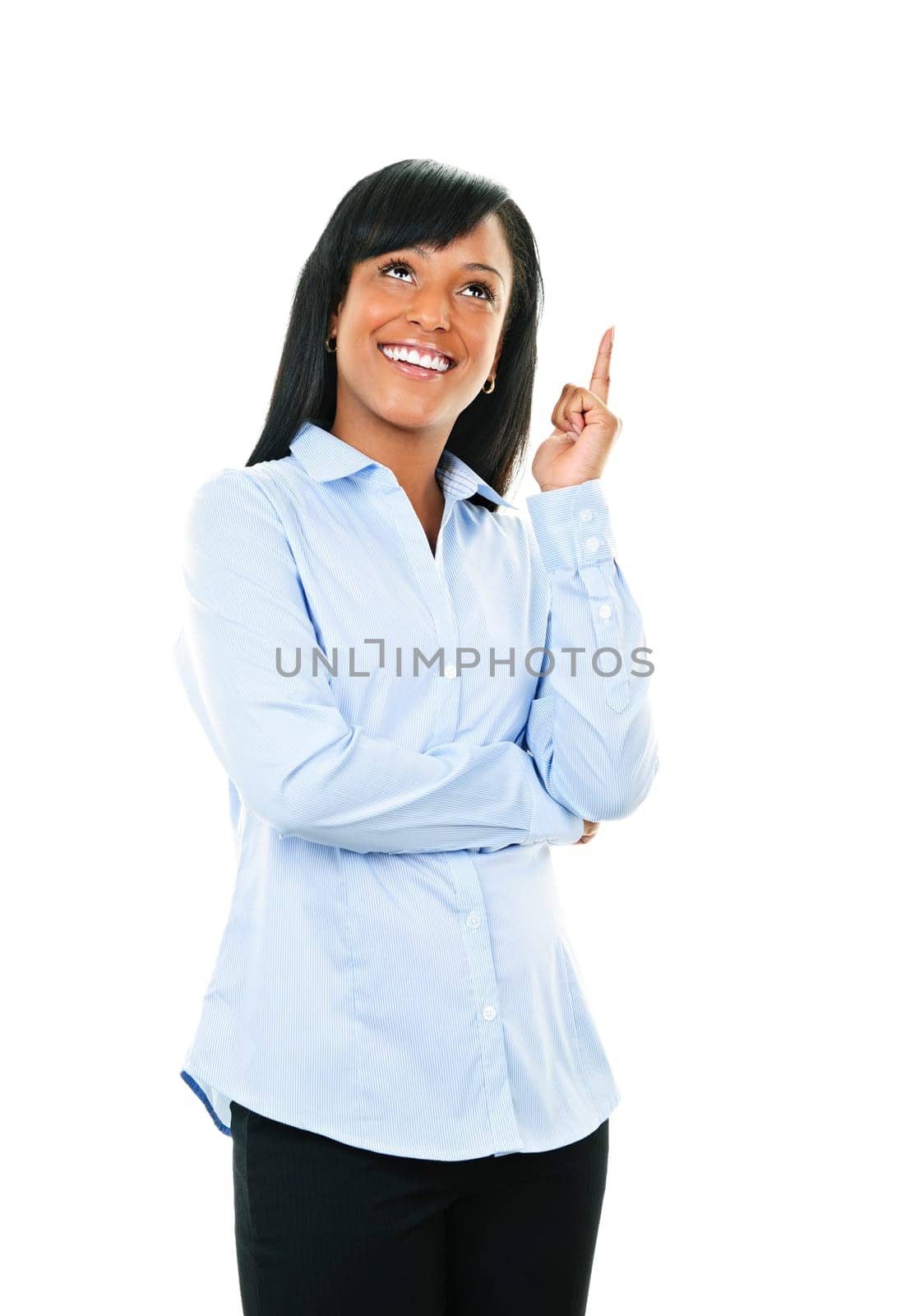 Smiling black woman with idea isolated on white background