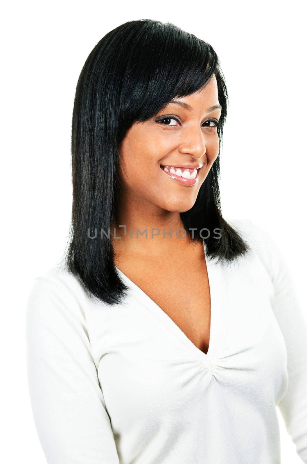Smiling black woman portrait isolated on white background
