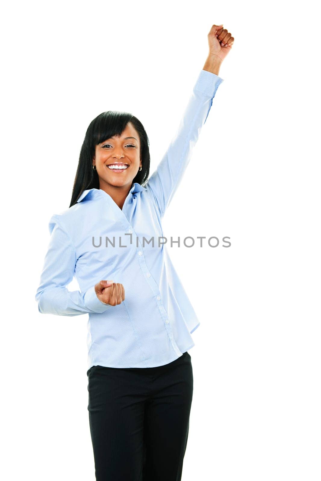 Excited black woman raising arm in victory isolated on white background