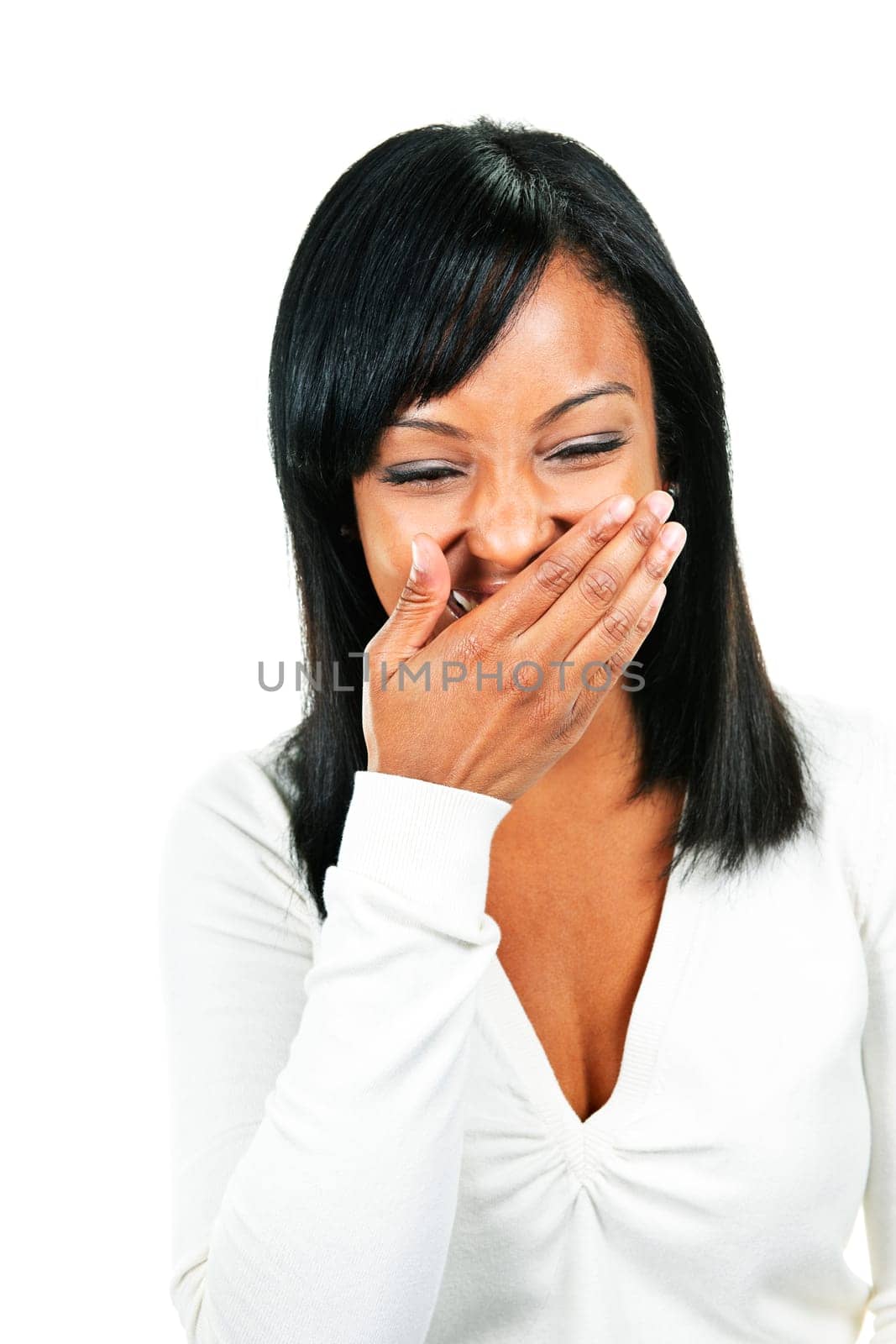 Laughing black woman portrait isolated on white background