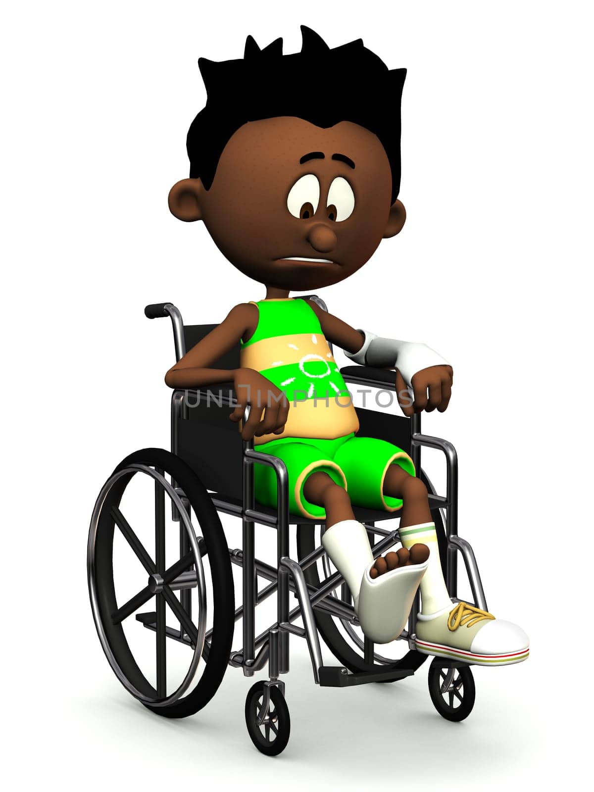 A black cartoon boy with a broken leg and arm sitting in a wheelchair. He is looking very sad. White background.