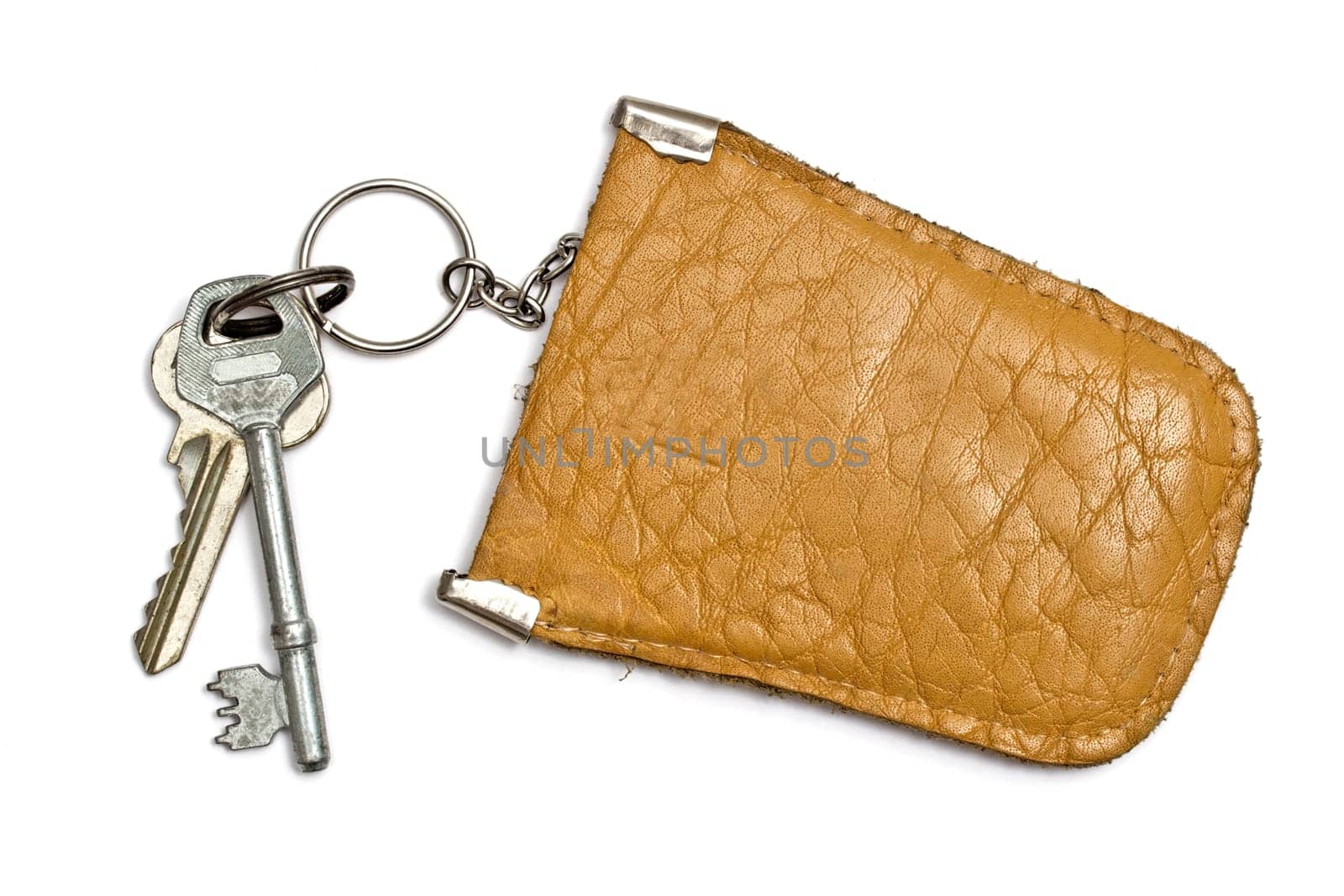 Keys and  leather tag isolated on white background