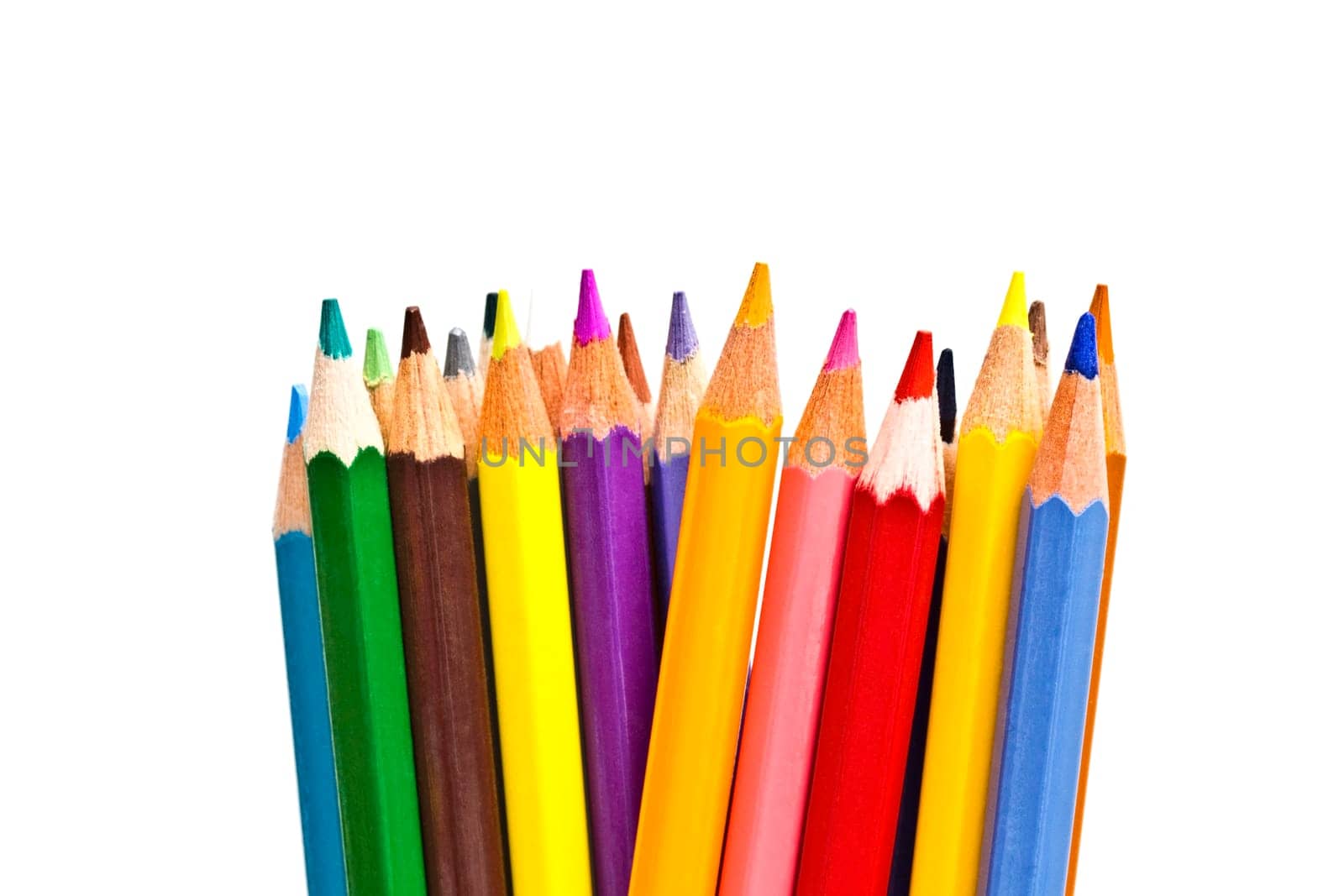 colorful pencils on focus isolated on white background
