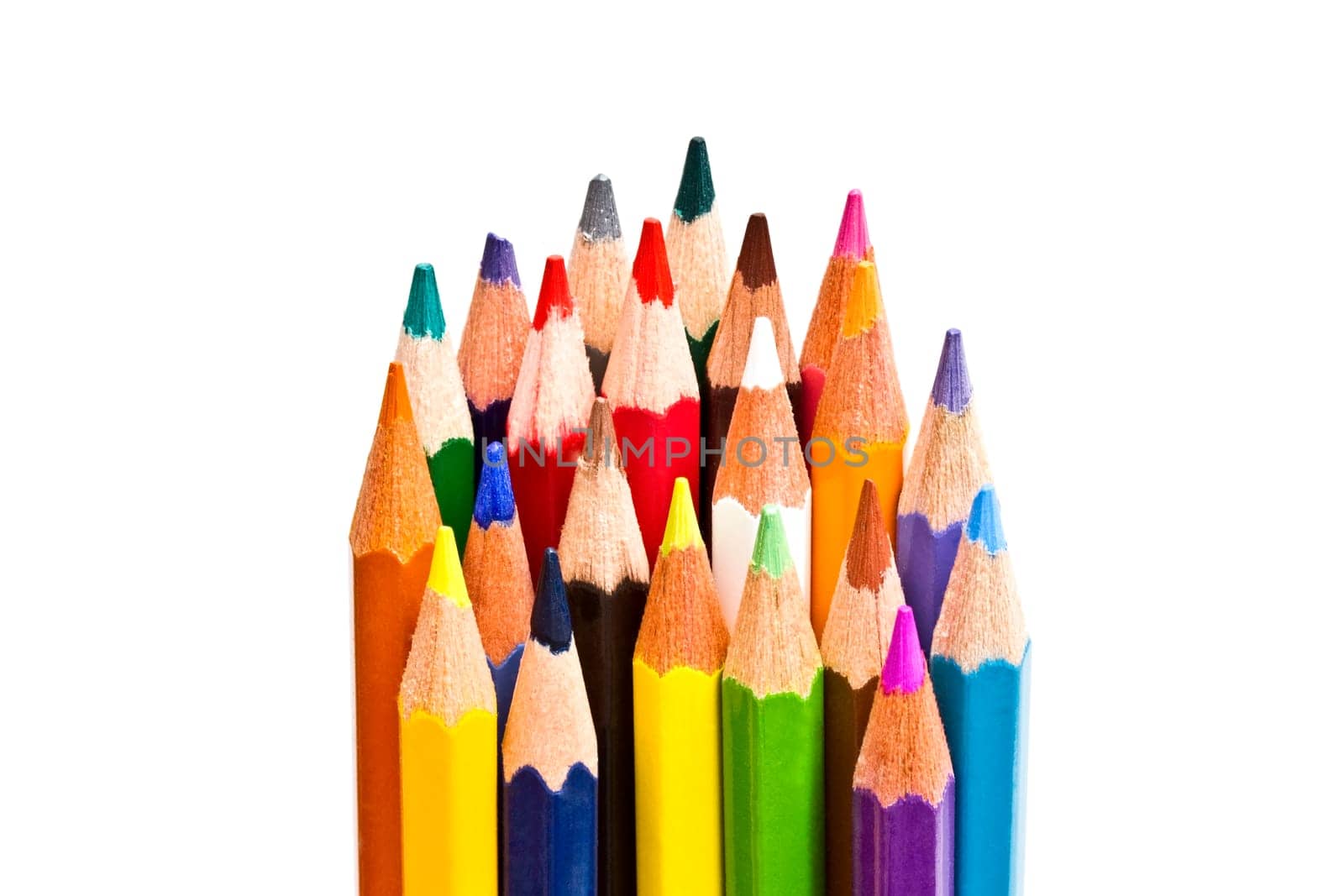 Colorful pencils on focus isolated on white background