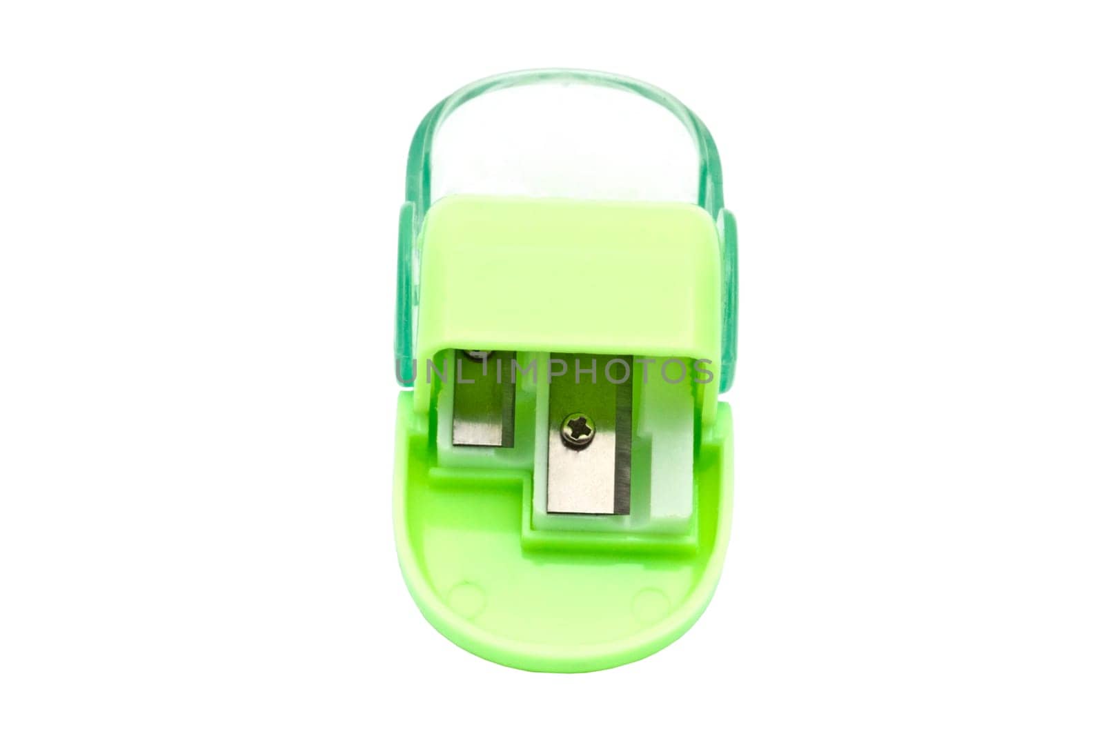 Green pencil sharpener isolated on white background
