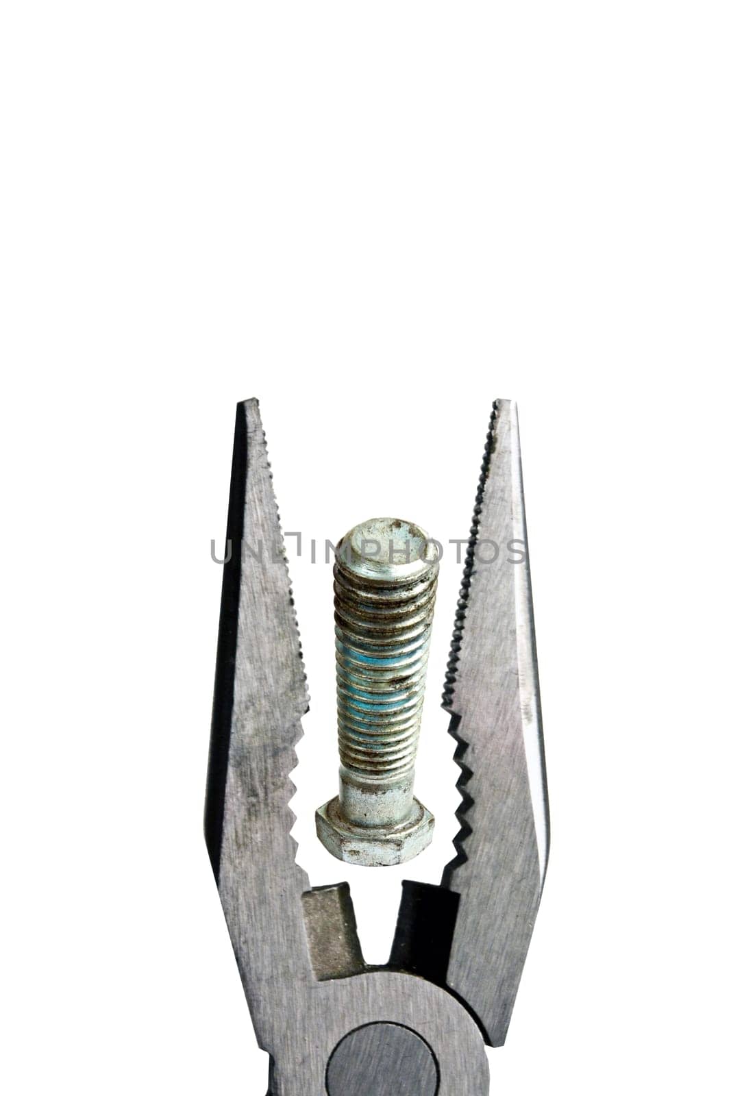 Pliers head and bolt isolated on white background