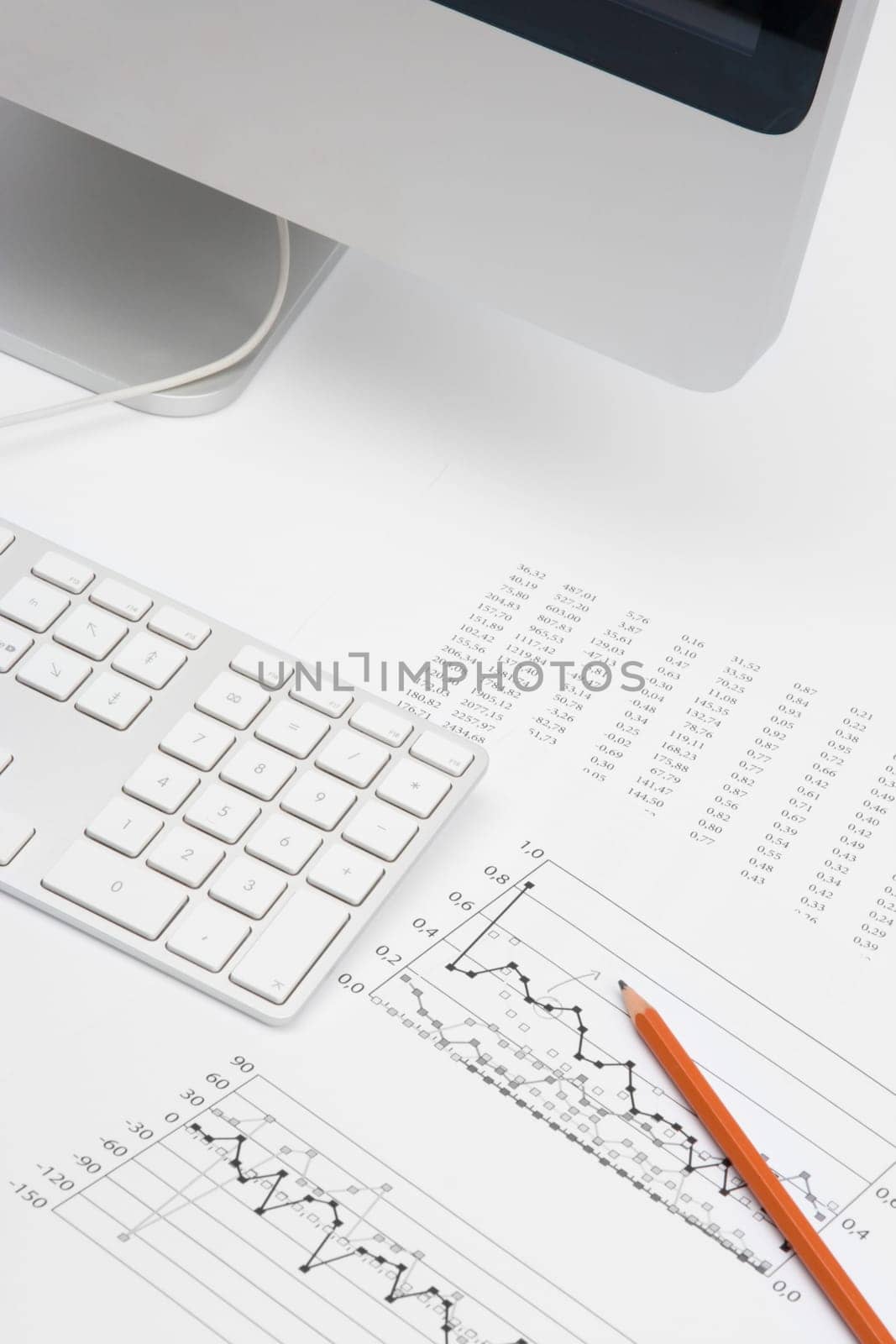 Business analyst workplace - pencil, sheet with numbers, graph, keyboard and part of computer