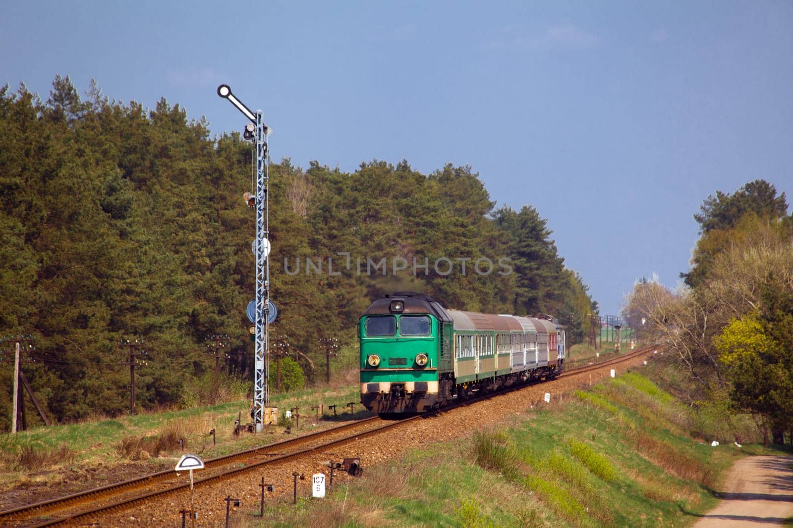 Passenger train hauled by the diesel locomotive passing the sunny landscape