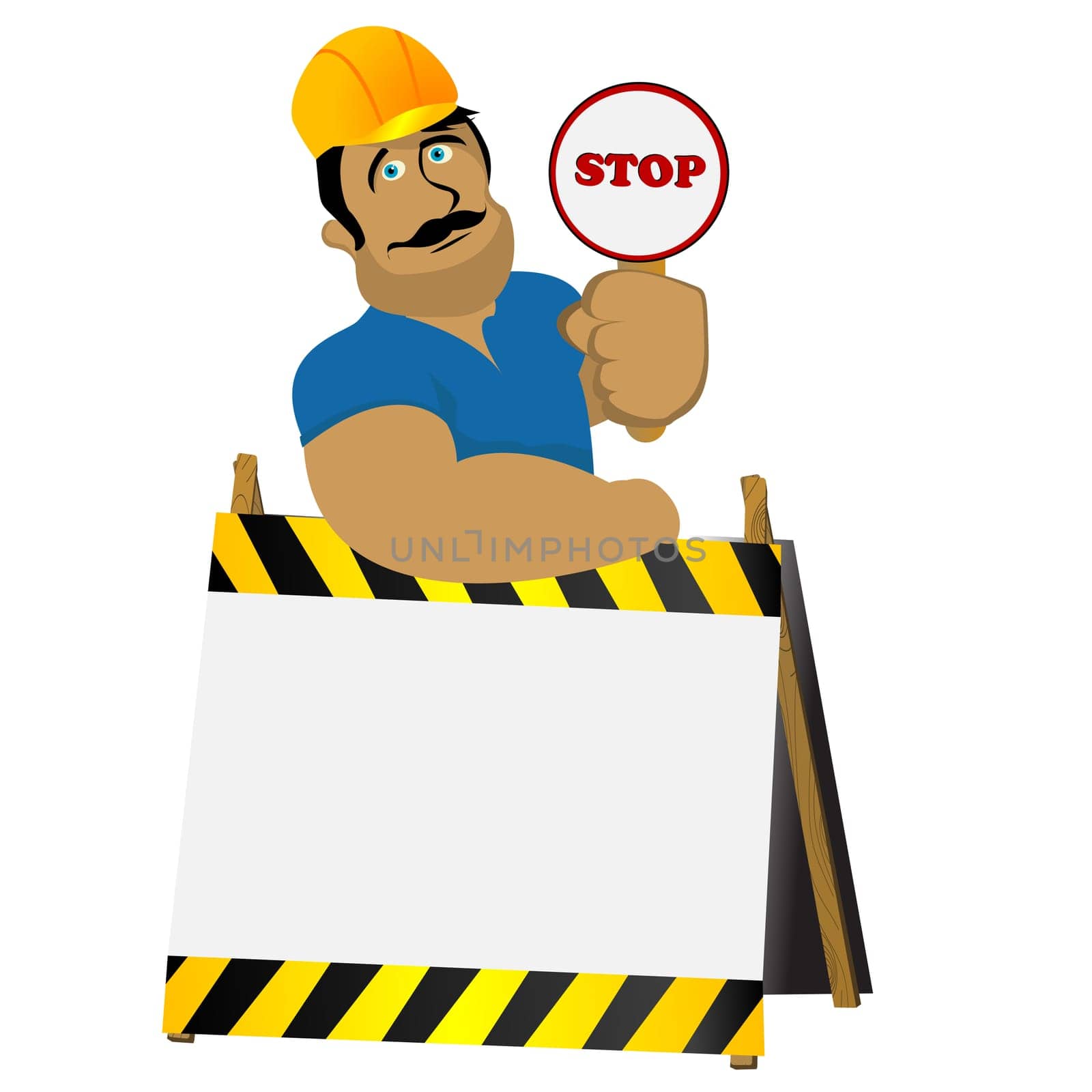 Construction worker with a stop sign leaning over a warning post. Plenty of room for text.