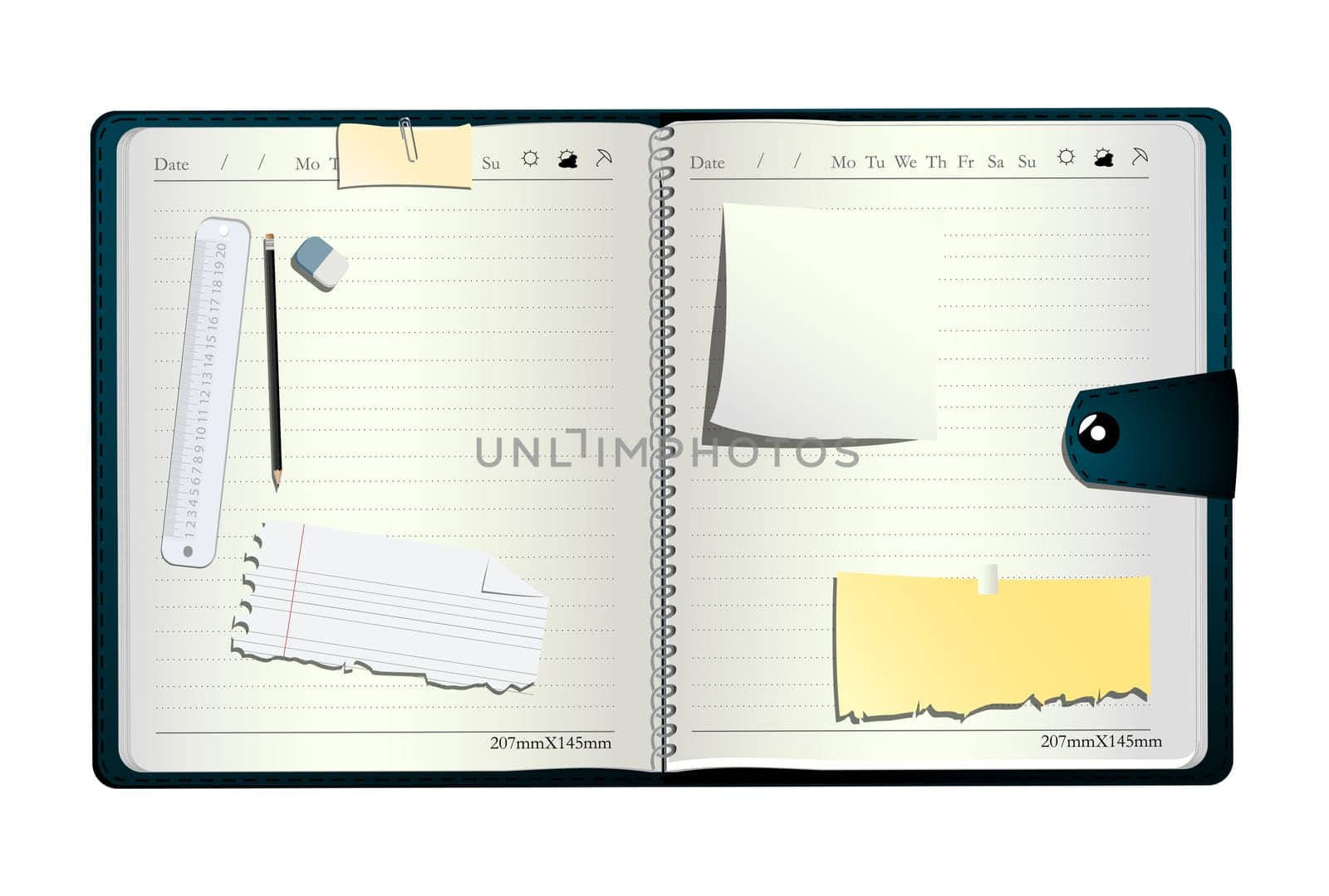 Open organizer, with pen, eraser measuring line and sticky notes